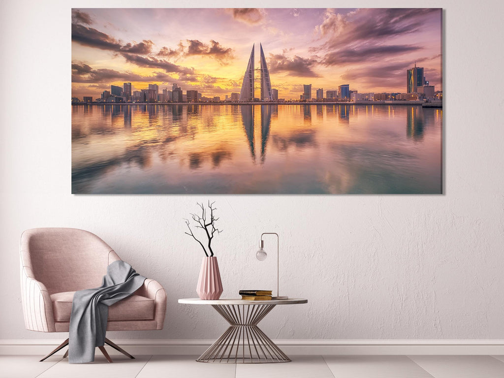 Bahrain Skyline Wall Art, Cityscape Sunset Canvas, 3-Panel Cityscape Print, Bahrain World Trade Center, Modern Urban Print for Office Decor