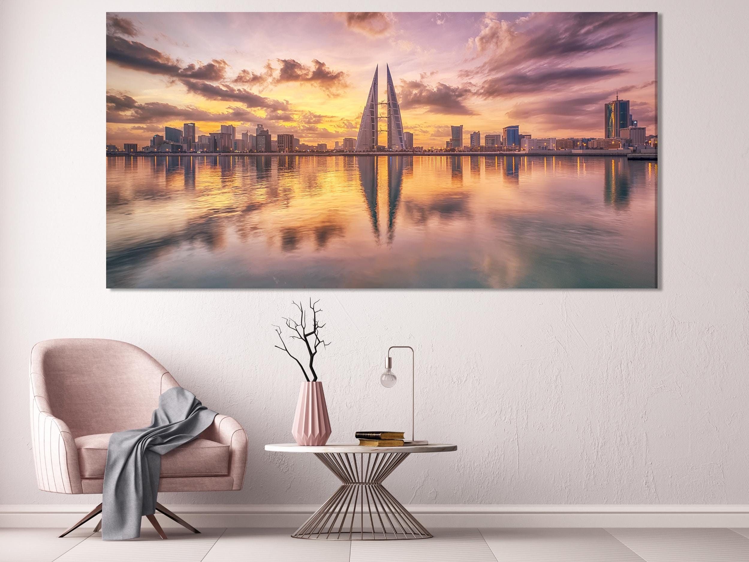 Bahrain Skyline Wall Art, Cityscape Sunset Canvas, 3-Panel Cityscape Print, Bahrain World Trade Center, Modern Urban Print for Office Decor