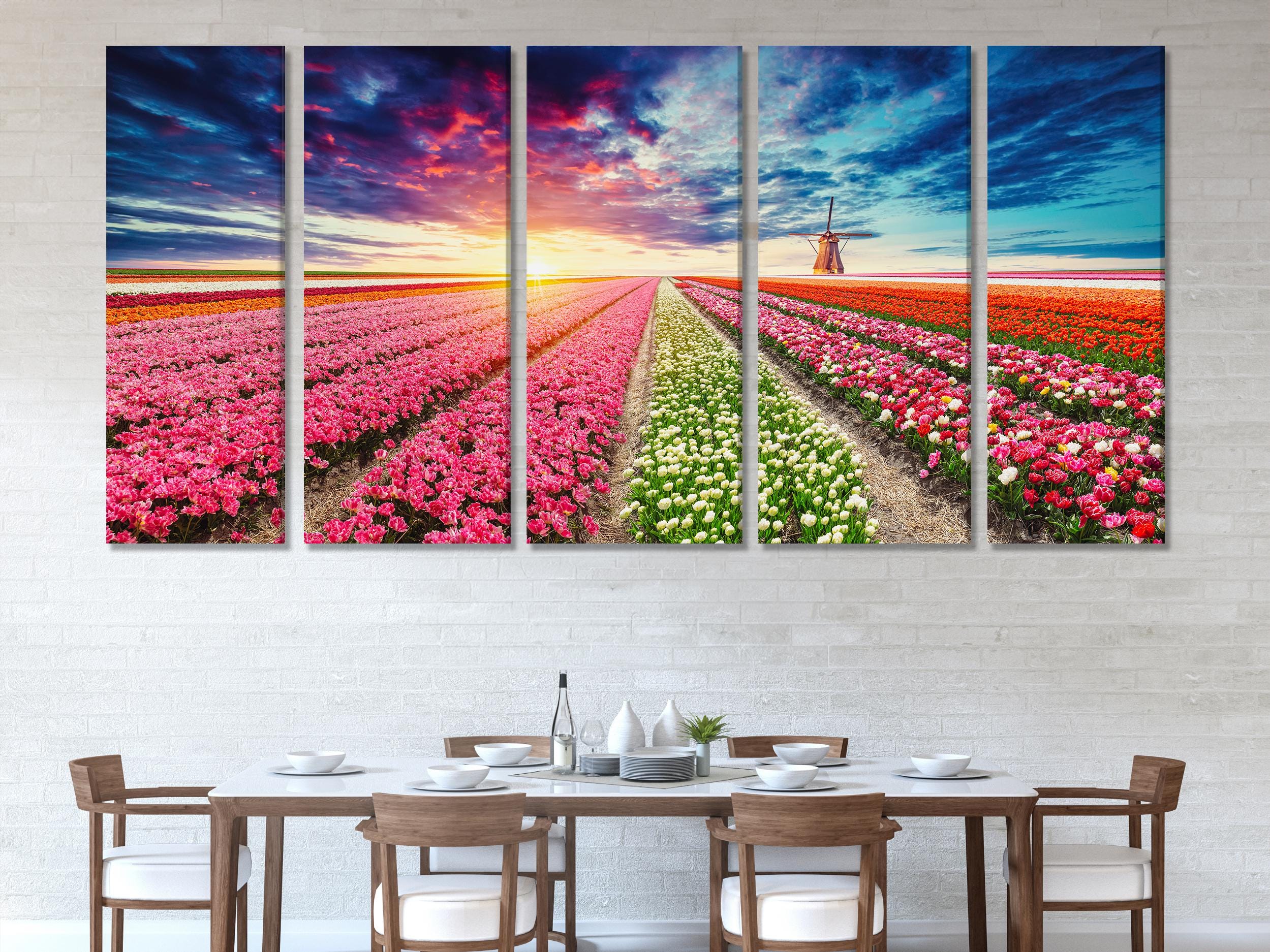 Tulip Field Sunset Canvas Print – Vibrant Flower Landscape Wall Art, Dutch Windmill Scenery, Colorful Floral Decor for Living Room