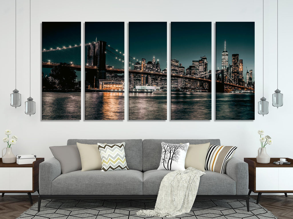 Brooklyn Bridge Canvas Print, New York City Skyline Wall Art, Large Nightscape Artwork, Iconic NYC Landmark, Modern City Art Office Decor