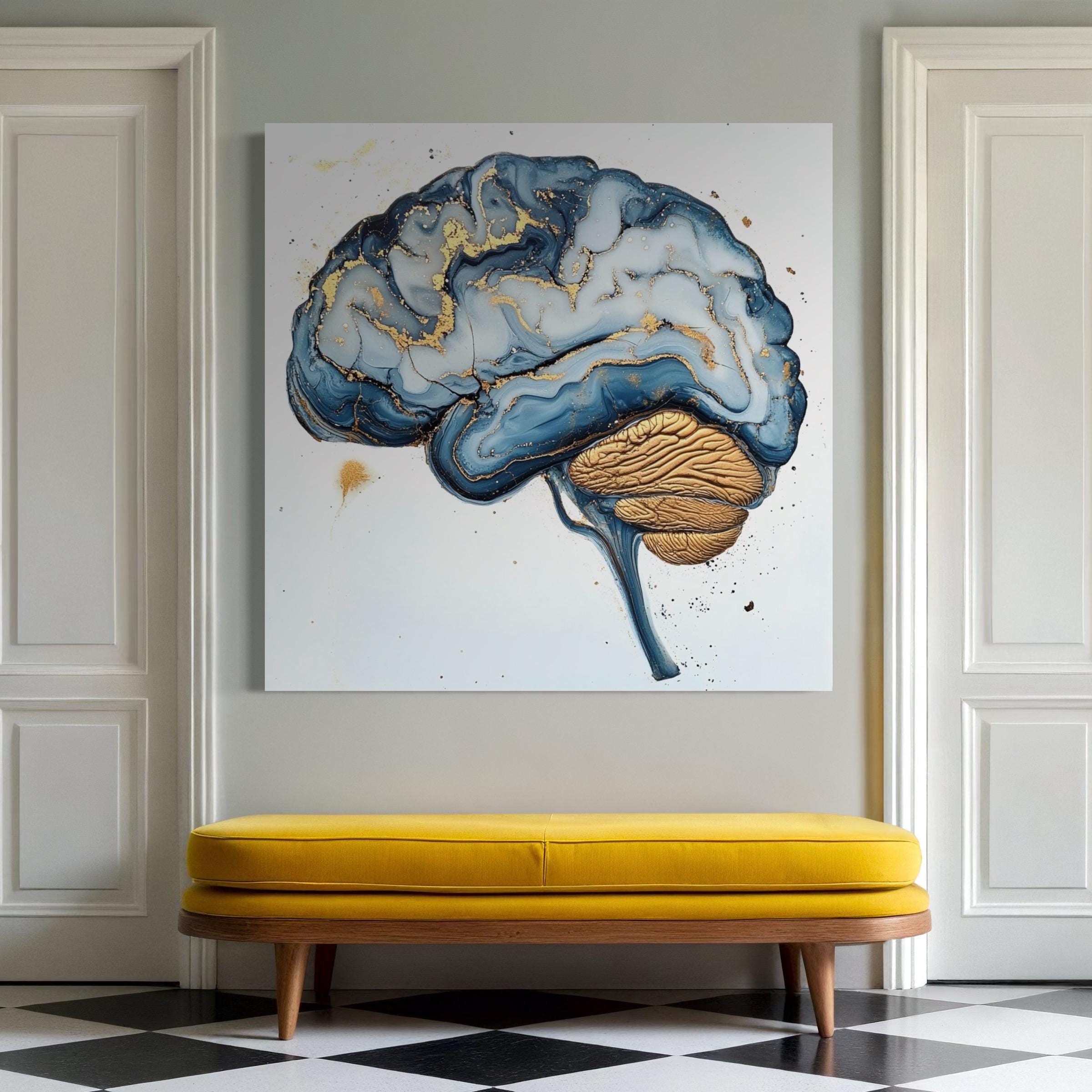 Abstract brain canvas close-up — blue and gold brain anatomy art print detail