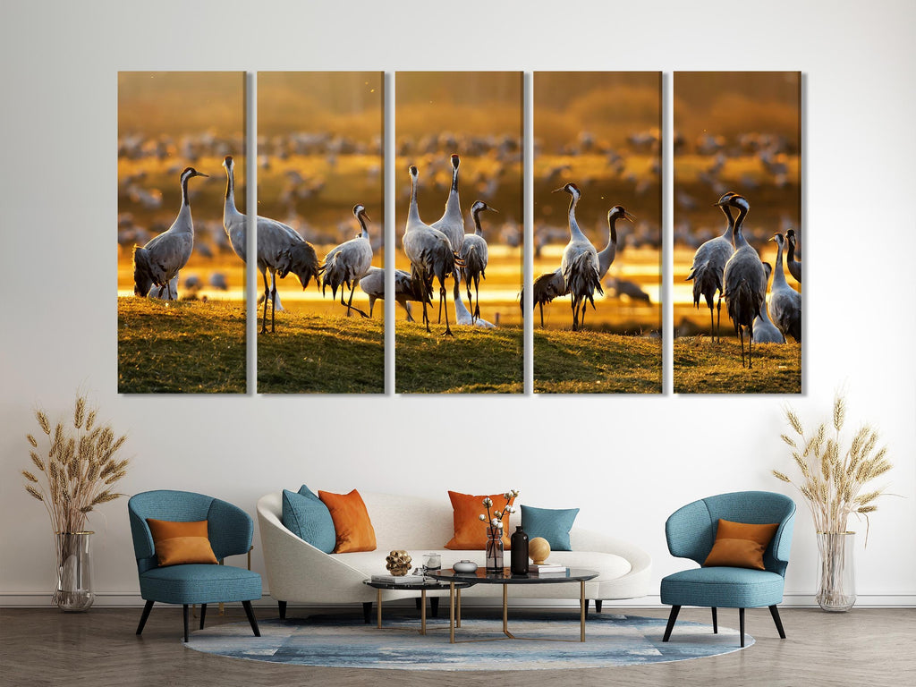 Wildlife Wall Art - Crane Birds Canvas Print, 5-Panel Sunrise Print at Hornborgasjön, Sweden Nature Wall Decor, Crane Fine Art Print