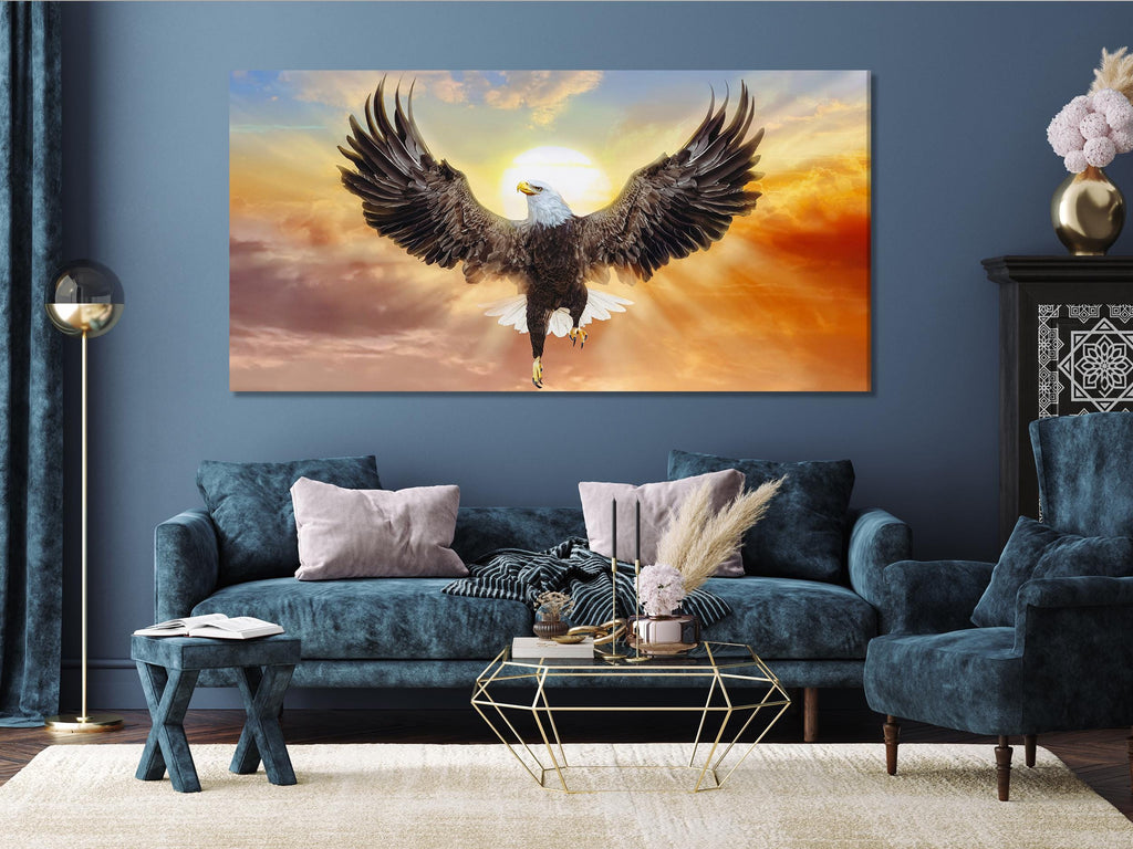 Leinwanddruck mit Weißkopfseeadler, extra großer Weißkopfseeadler mit Sonnenuntergangshimmel, Wandkunst für moderne, von der Natur inspirierte Wohndekoration