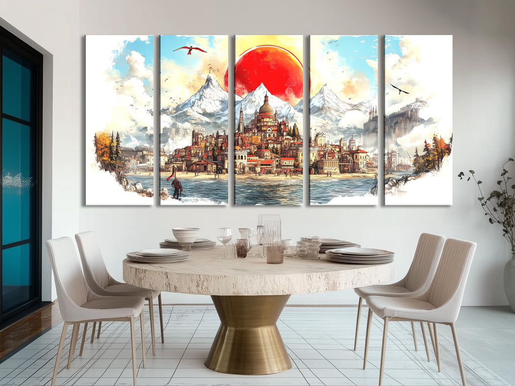 Abstract Fantasy Wall Art Majestic Mountain Cityscape Canvas Medieval Town Painting Scenic Red Sun Decor Epic Landscape Print