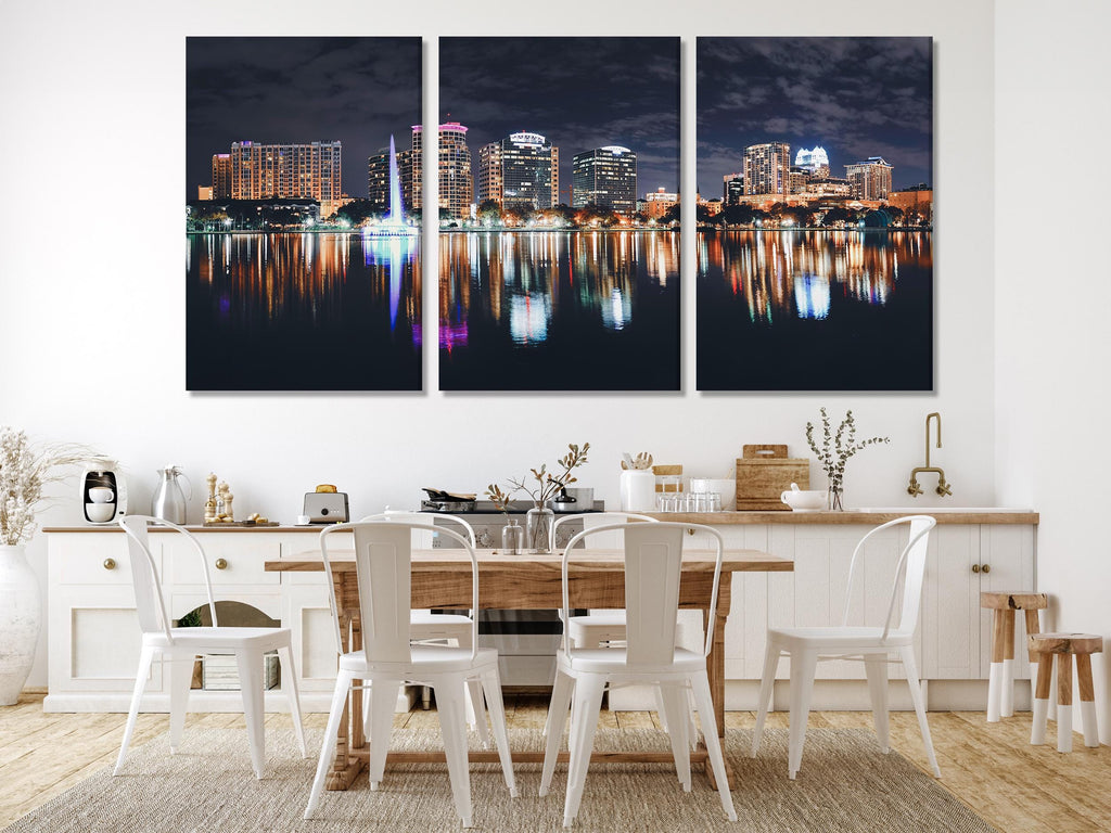 Orlando Lake Eola at Night Canvas Print, Downtown Skyline Wall Art, XXL Orlando Cityscape, Office Buildings Art, Large Florida Wall Art