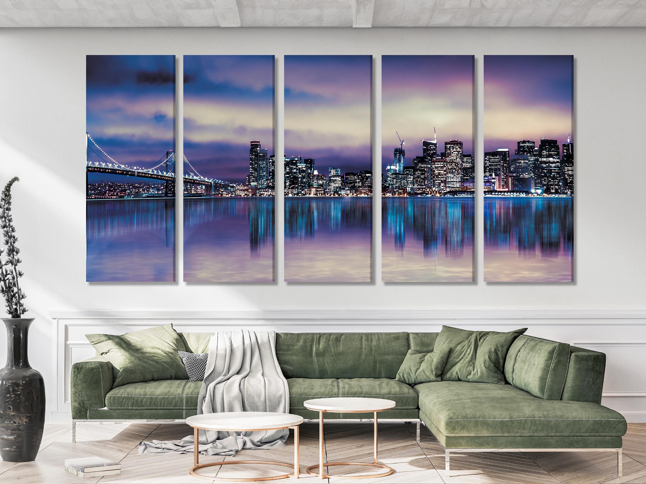 Large San Francisco Skyline Canvas Print, California Cityscape Wall Art, Oversized Bay Bridge Artwork, Night City Canvas for Modern Decor