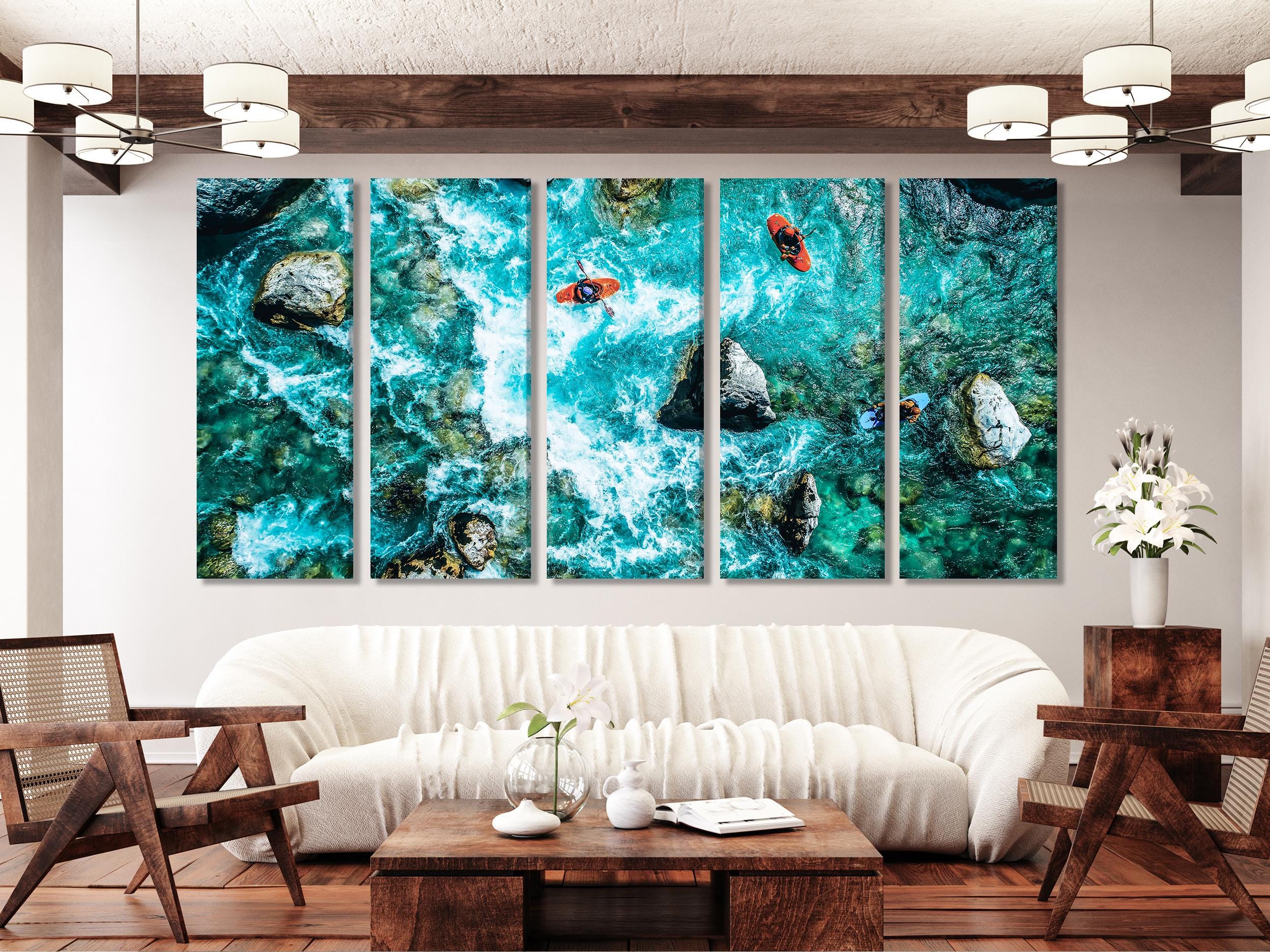 Soca River Kayakers Canvas Print, Aerial View Wall Art, Whitewater Rafting Landscape, Large Adventure Artwork, Slovenia River Scene Decor