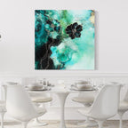 Teal Floral Wall Art - Abstract Canvas Art, Green and Black Flower Painting, Gold Accents Botanical Art Print, Nature-Inspired Wall Decor