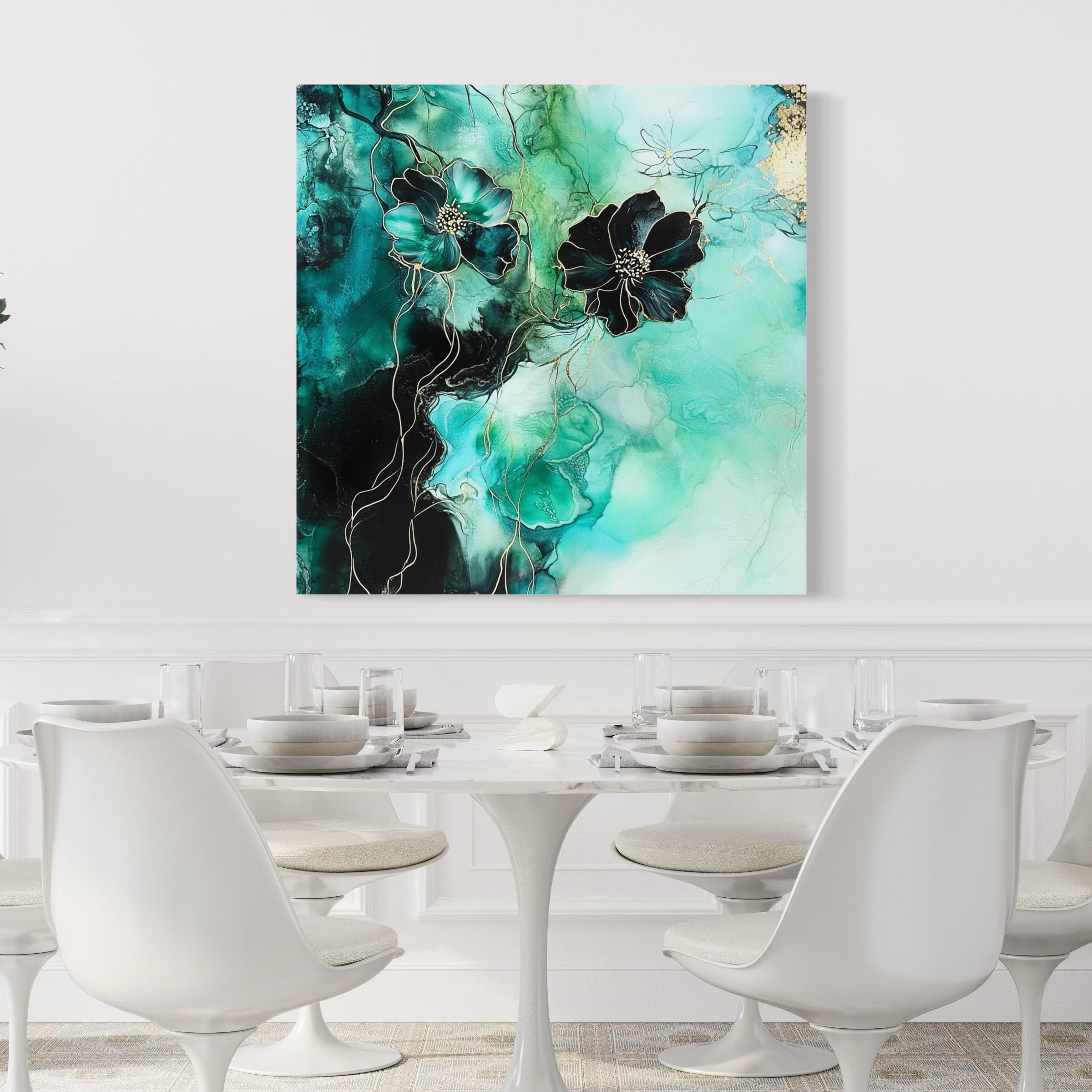 Teal Floral Wall Art - Abstract Canvas Art, Green and Black Flower Painting, Gold Accents Botanical Art Print, Nature-Inspired Wall Decor