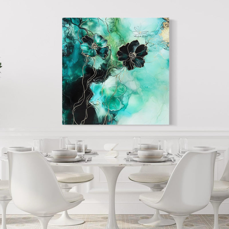 Teal floral abstract canvas with black ground and gold flecks