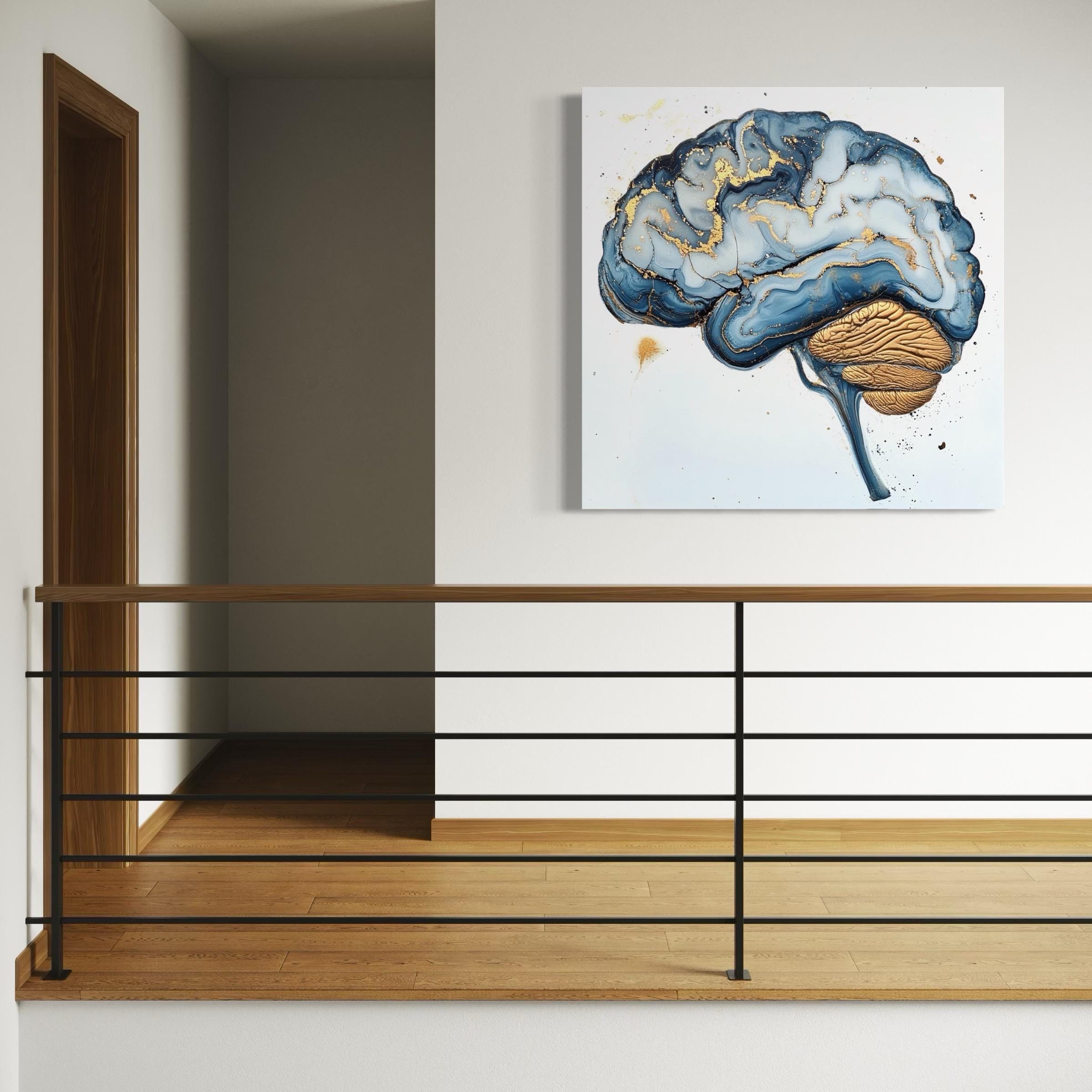Blue and gold modern science artwork — abstract brain canvas styled in a reception area