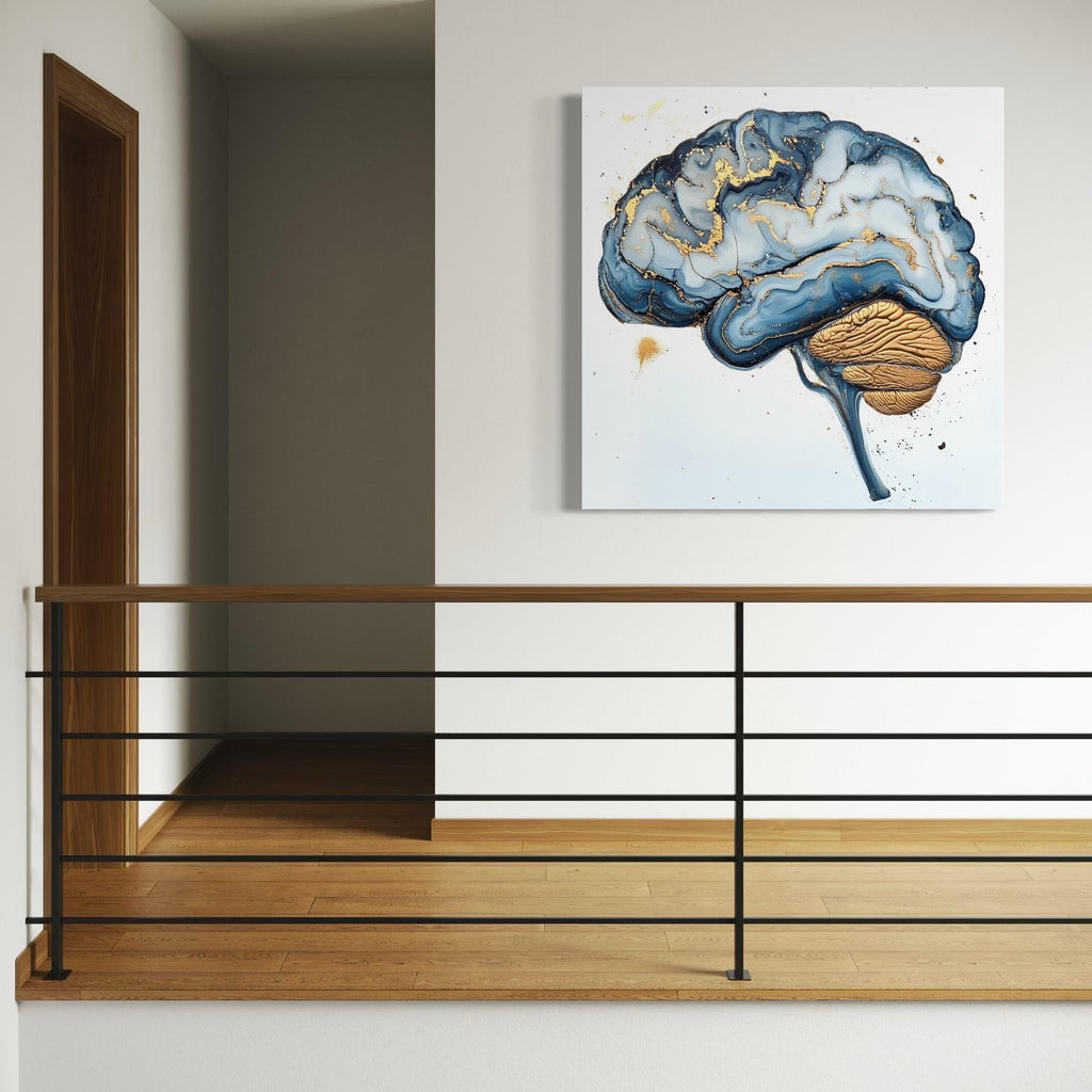 Abstract Brain Art - Neuroscience Wall Decor, Gold & Blue Brain Anatomy Canvas Print, Modern Science Artwork, Medical Office Wall Art