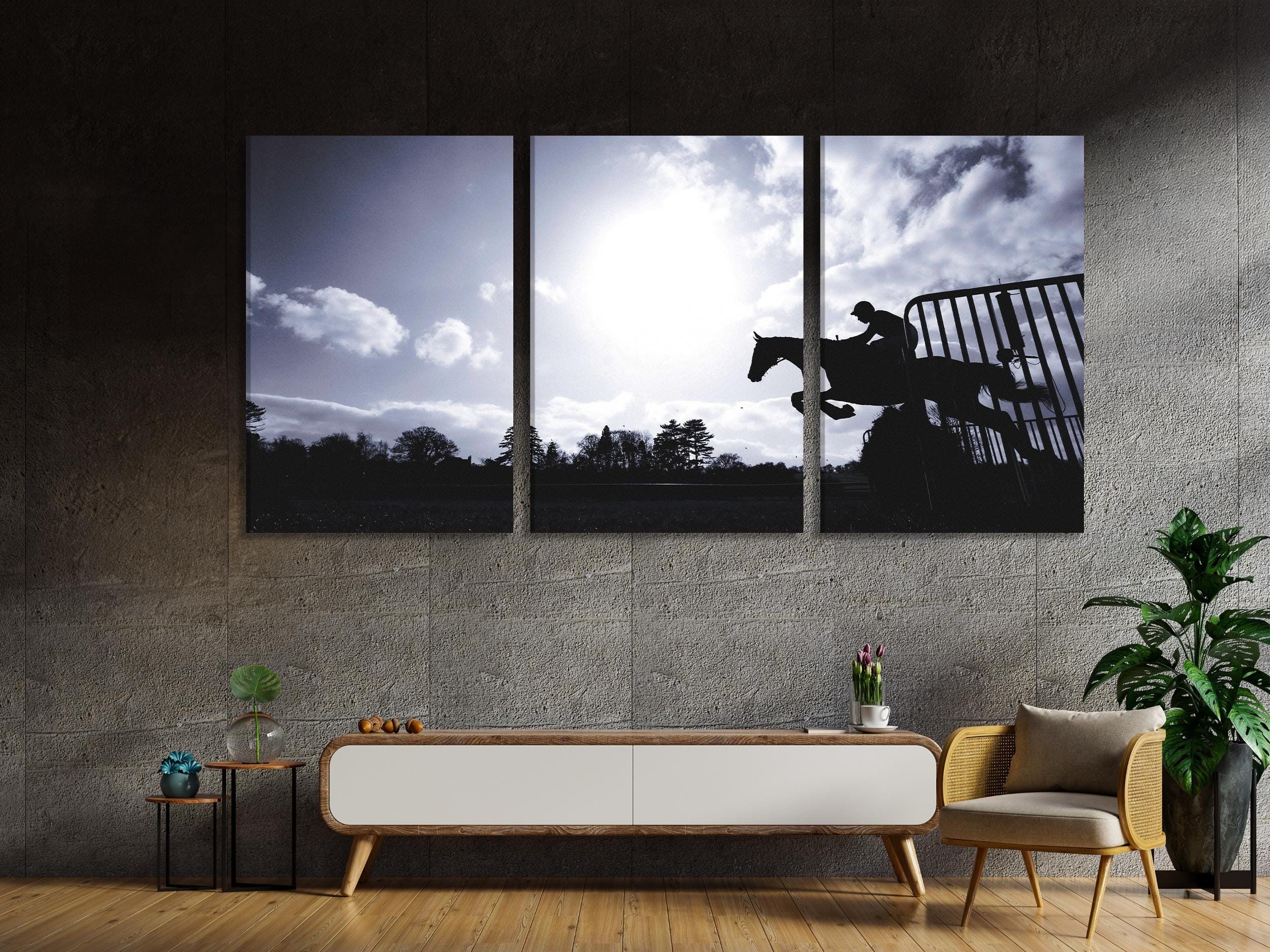 Large Silhouette Horse Canvas Print, Equestrian Jumping Wall Art, XXL Racehorse in Motion Artwork, Dynamic Equestrian Canvas for Home Decor