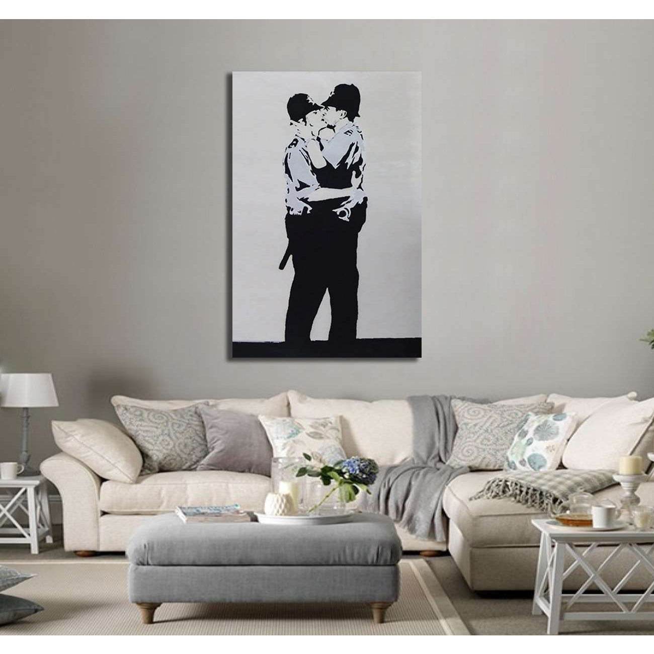 Banksy two policemen kissing - Ready to Hang Canvas PrintCanvas art arrives ready to hang, with hanging accessories included and no additional framing required. Every canvas print is hand-crafted, made on-demand at our workshop and expertly stretched arou