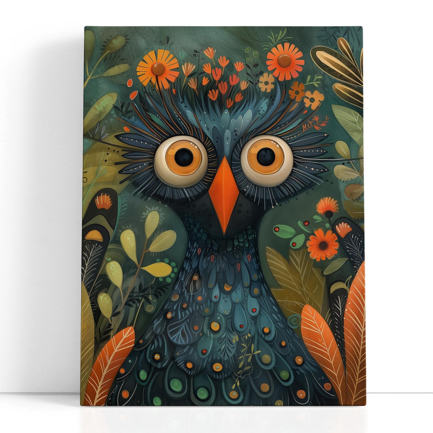 Textured Owl and Flora - Canvas Print