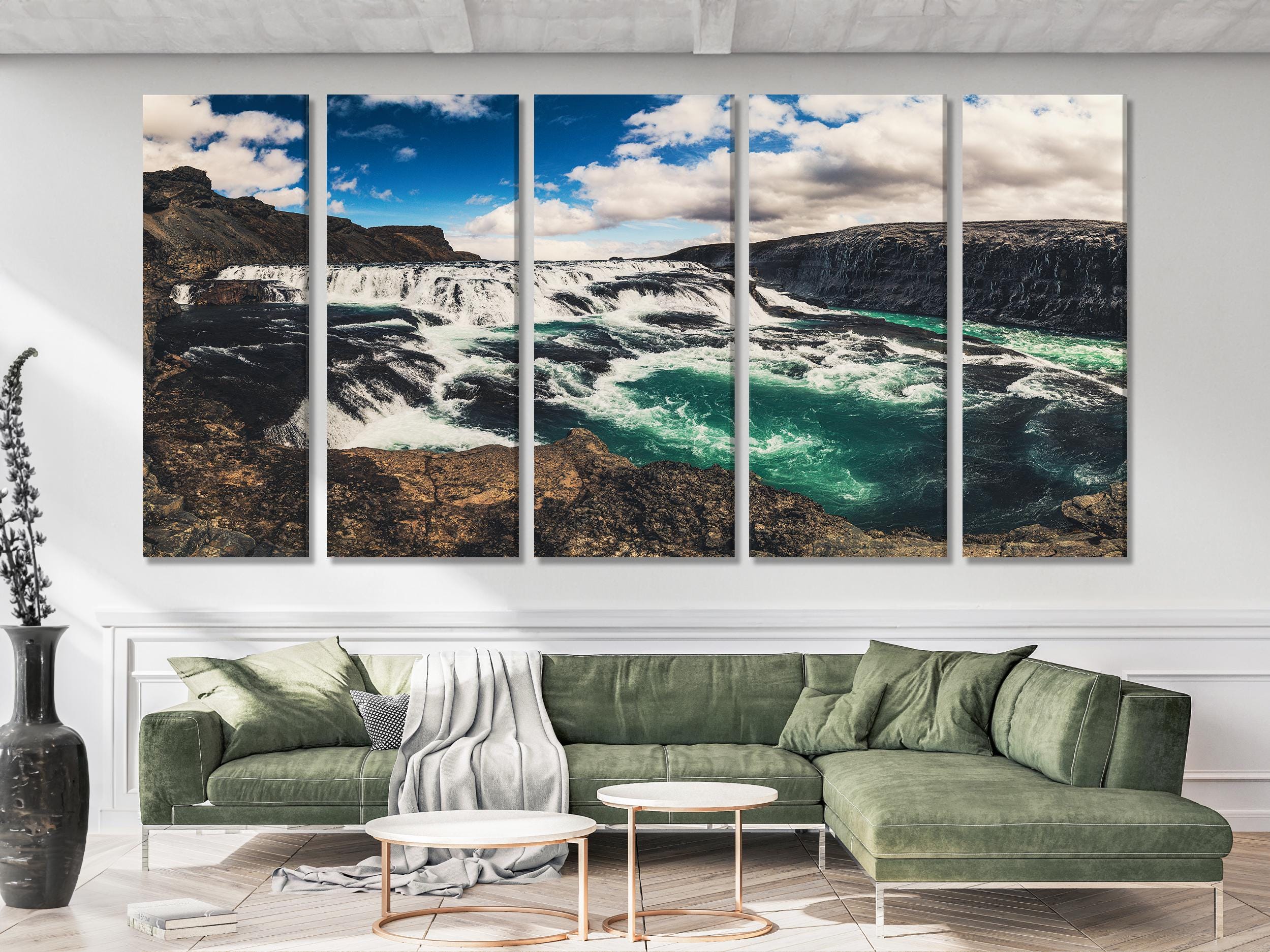 Quadro su tela Gullfoss - Quadro su tela con cascata, stampa artistica con paesaggio islandese, decorazione da parete islandese, quadro su tela con cascata, quadro su tela con cascata Gullfoss