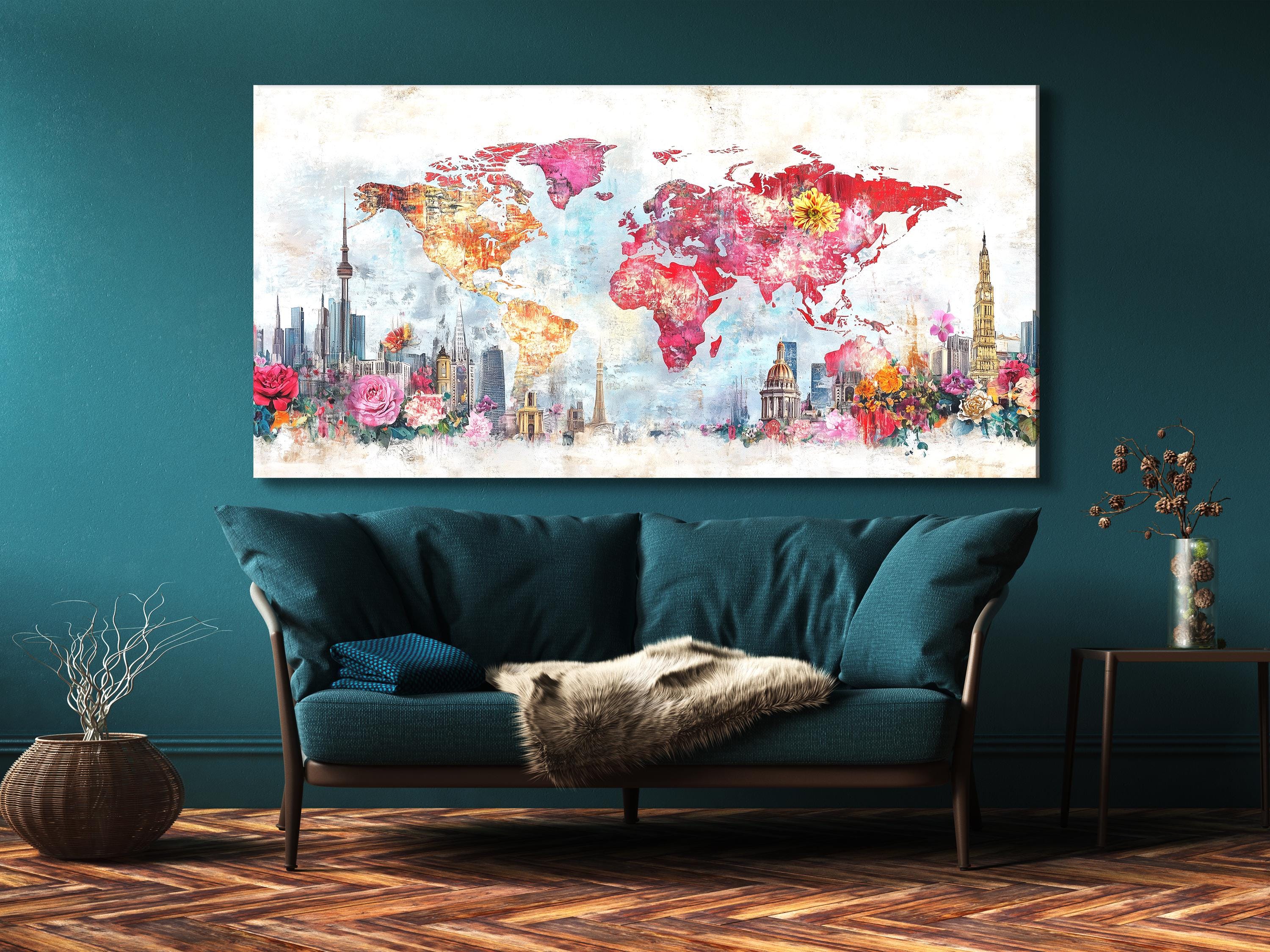 Astratto skyline della città, mappa del mondo floreale, tela, dipinto di fiori colorati, mappa di viaggio moderna, arte, paesaggio urbano, decorazione da parete per interni di casa