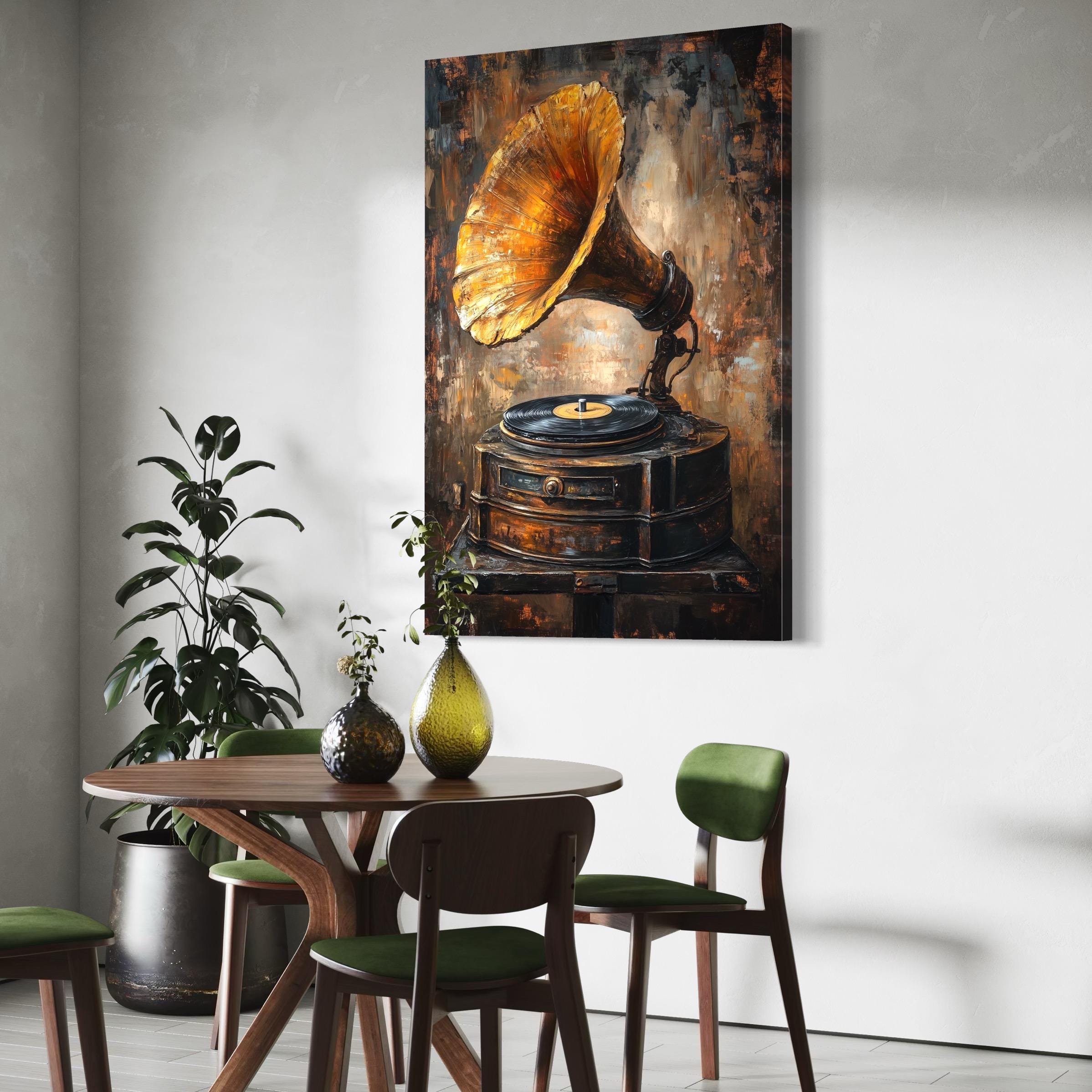 Vintage grammofoon wanddecoratie - rustieke muziekdecoratie, antieke vinylspeler canvas print, retro wanddecoratie boven het bed, cadeau-idee voor een muzikant