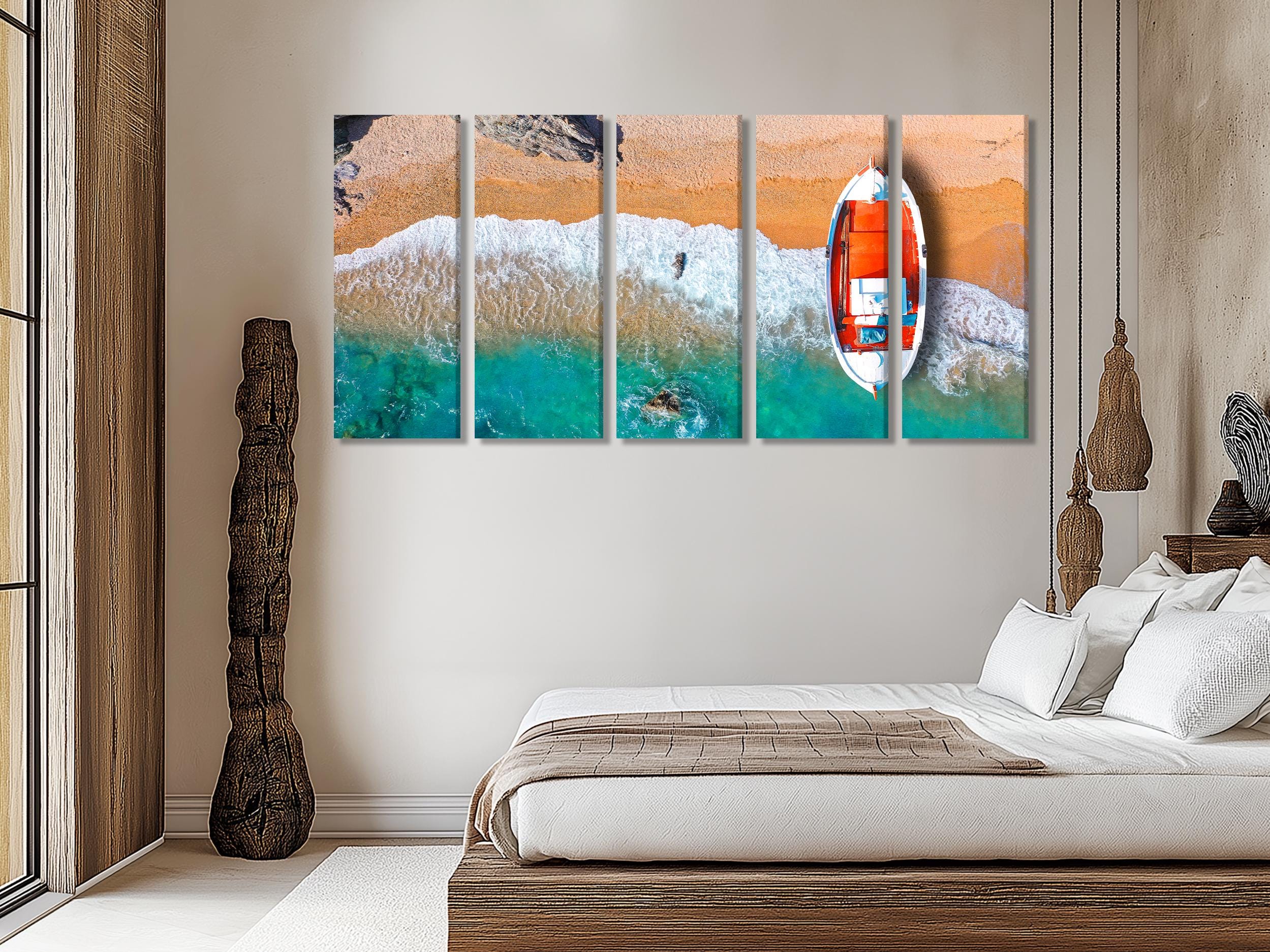 Aegean Island Fishing Boat Canvas, Aerial View of Greek Boat on Turquoise Sea, Crystal Clear Water Wall Art, Coastal Greek Decor Triptych