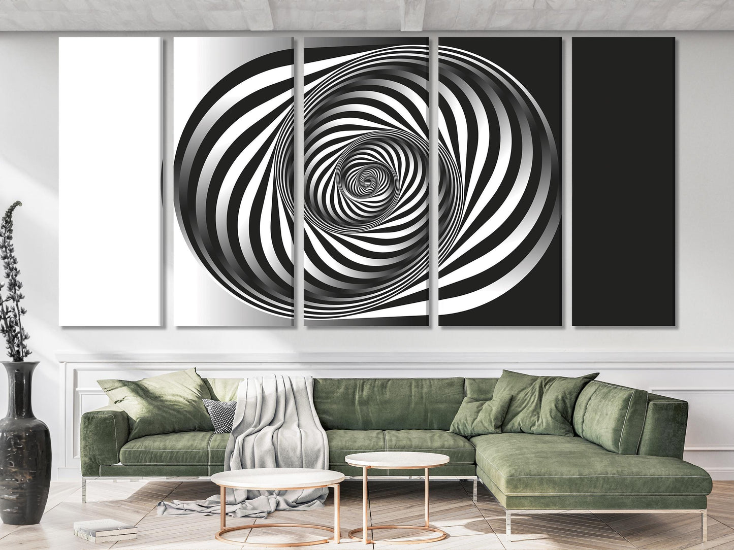 Schwarz-Weiß Abstrakter Spiral-Leinwanddruck – Moderne geometrische Wandkunst, optische Illusion, zeitgenössisches Dekor für Wohnzimmer
