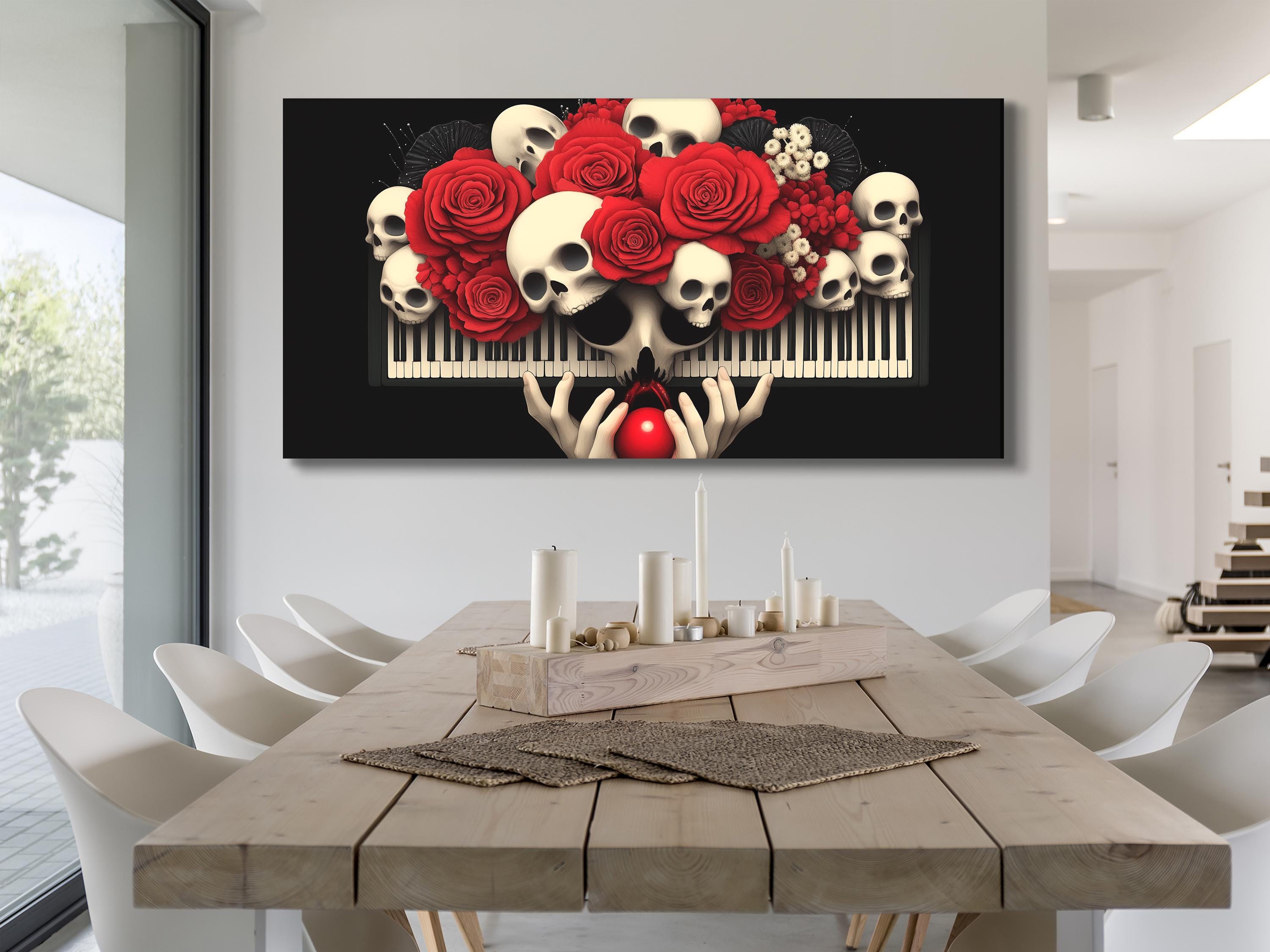 Gothic Piano Wall Art Skull and Roses Canvas Print Dark Floral Skull Art Modern Music Studio Decor Macabre Home Decor Music Lover Gift