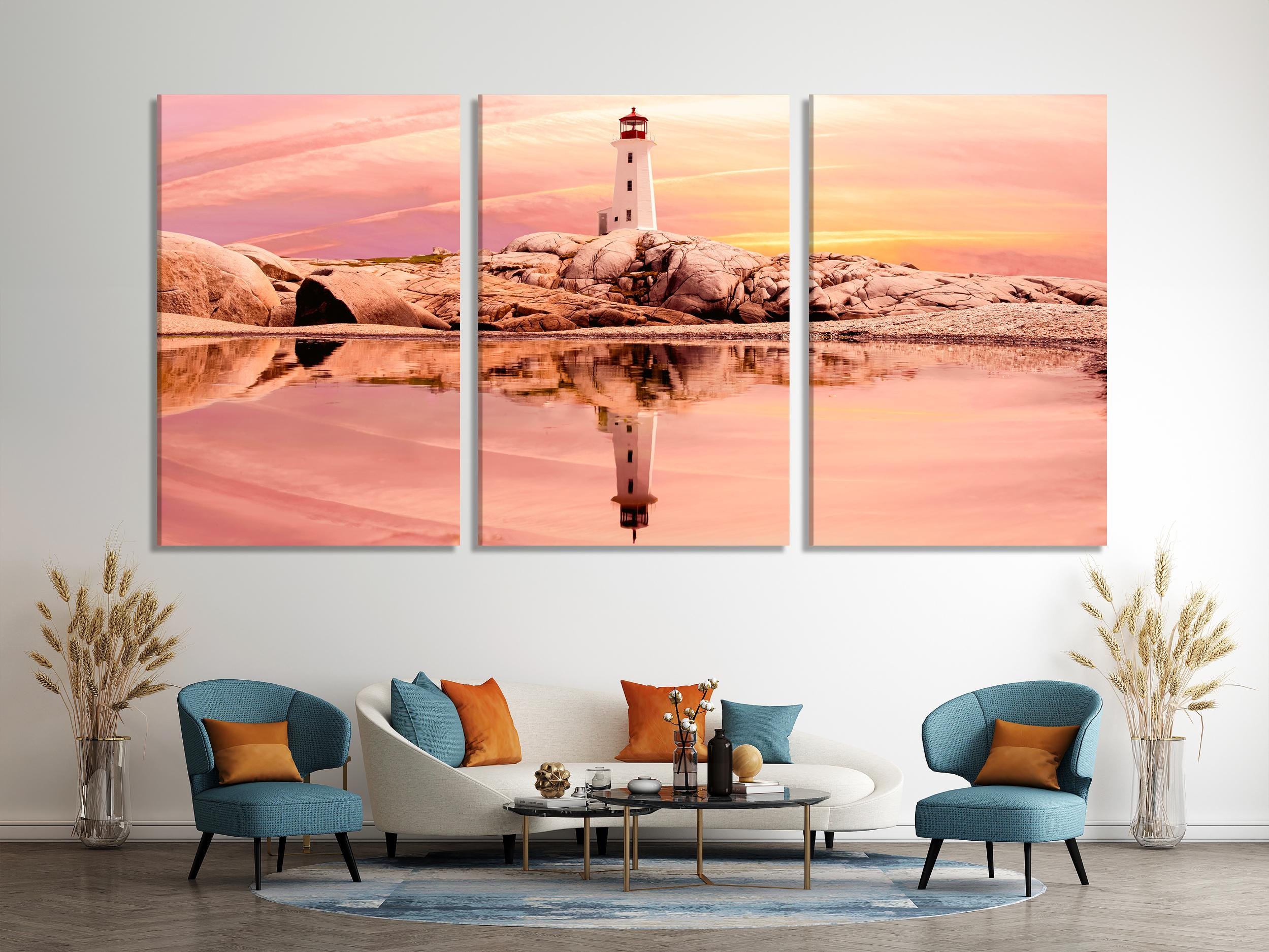 Peggy’s Cove Lighthouse Canvas Print, Large Sunset Wall Art, Oversized Nova Scotia Coastal Artwork for Canadian Home Interior Wall Decor