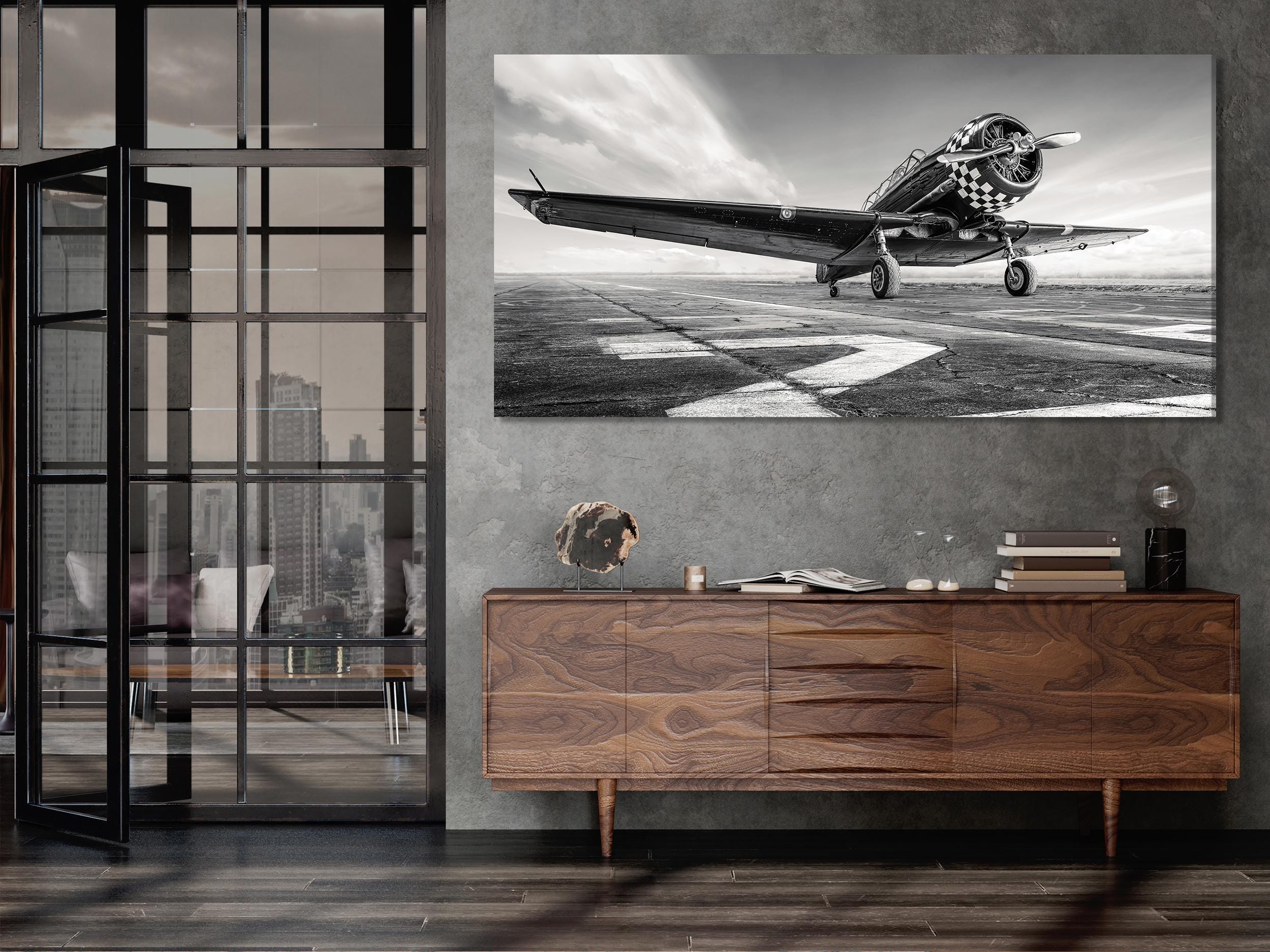 Vintage Airplane Canvas Print, Black and White Aviation Wall Art, Retro Aircraft Decor, Large Runway Scene, Modern Industrial Art for Office