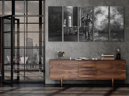 Boxing Canvas Print, Black and White Gym Art, Fighter Training Wall Decor, Intense Workout Scene, Vintage Industrial Boxing Artwork for Gym