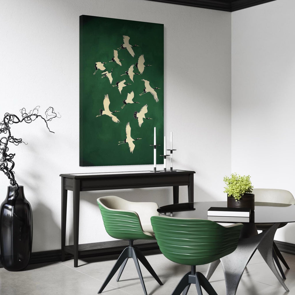 Green and Gold Japanese Wall Art Cranes Japanese Print Emerald Green Decor Birds Maximalist Wall Art Eclectic Decor Large Wall Art
