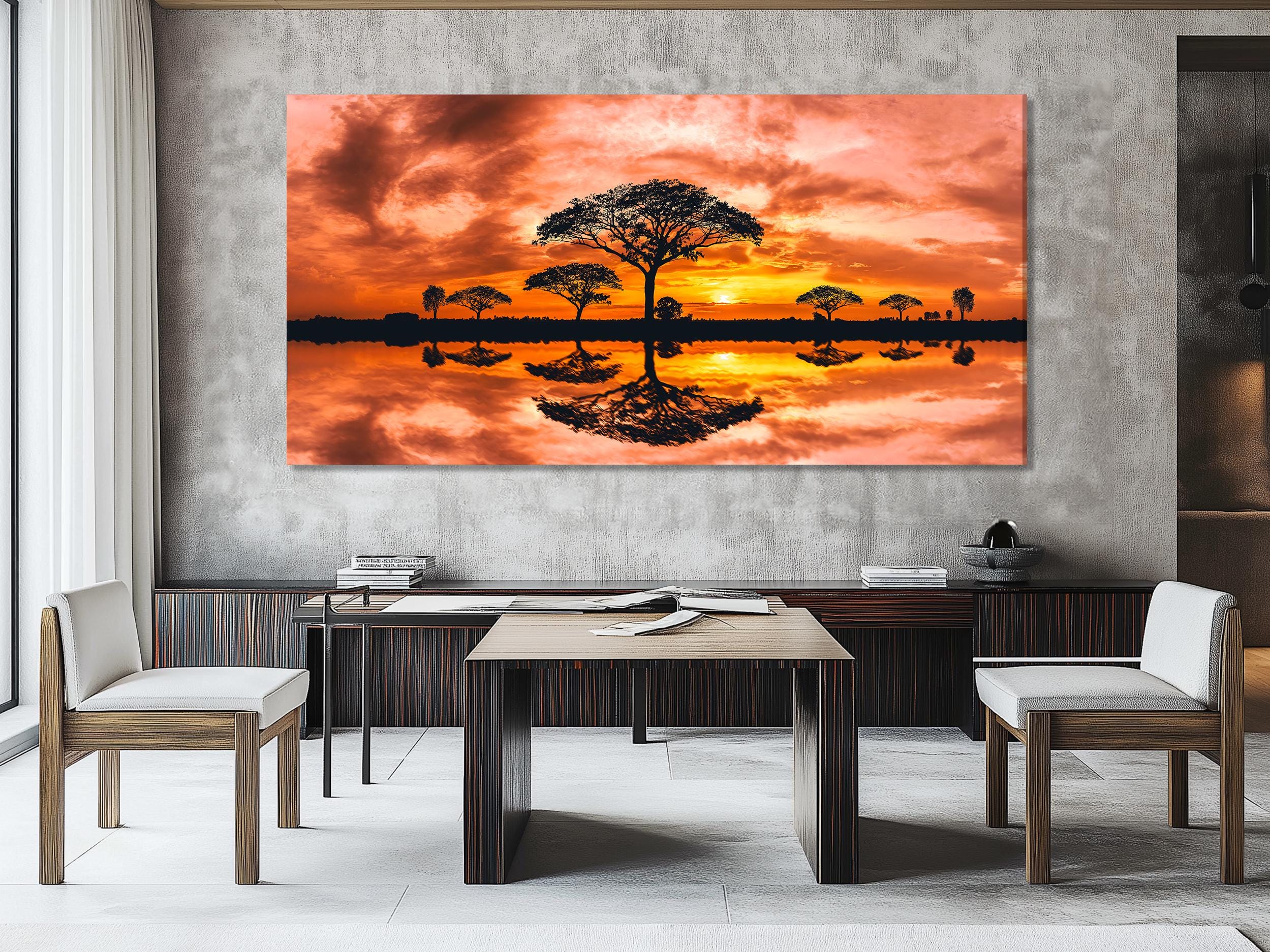 African Sunset Canvas Print - Tree Silhouette Wall Art, Serengeti Sunset Landscape, Vibrant Orange Nature Decor, Large Safari Wall Artwork