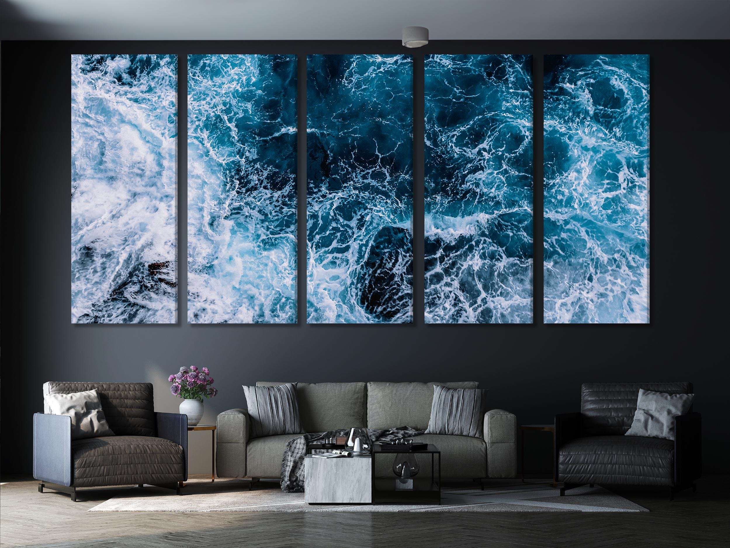Ocean Waves Wall Art - Grande arte murale costiera, opera d'arte con onde marine, moderna decorazione murale per ufficio, arte murale nautica, tela con paesaggio marino blu intenso