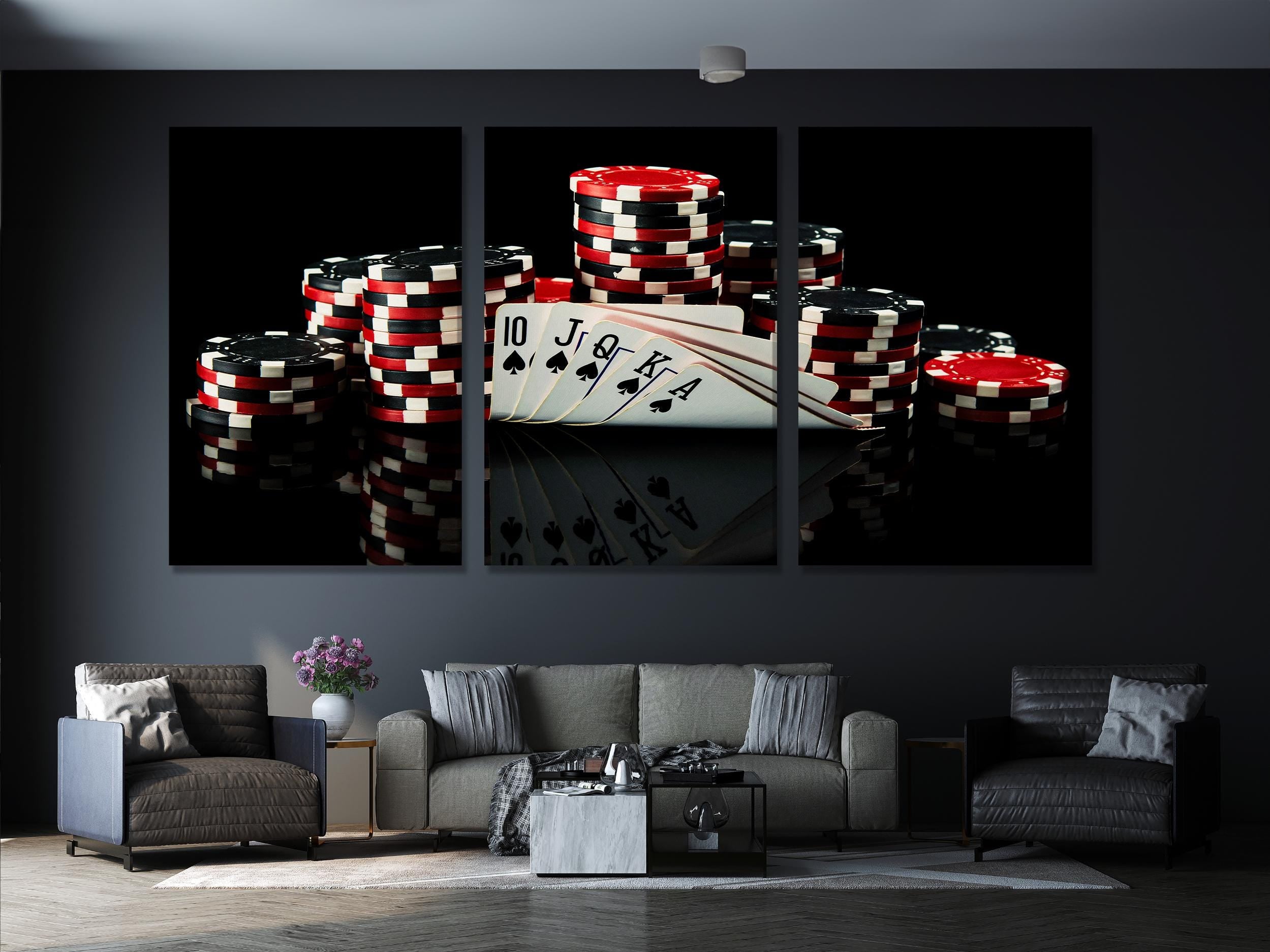 Poker Room Wall Decor – Extra Large Casino Wall Art, Playing Cards and Chips Art Print, Gambling Artwork Decor for Game Room or Lounge Decor