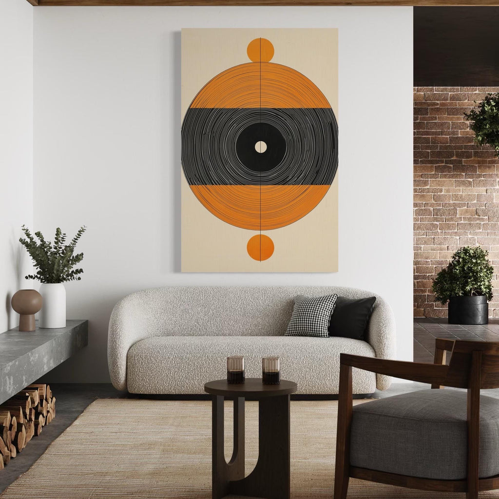 Moderne wanddecoratie uit het midden van de vorige eeuw - Canvas geïnspireerd op vinylplaten, beige en oranje retro wanddecoratie, abstracte muziekprint, geometrische minimalistische kunst