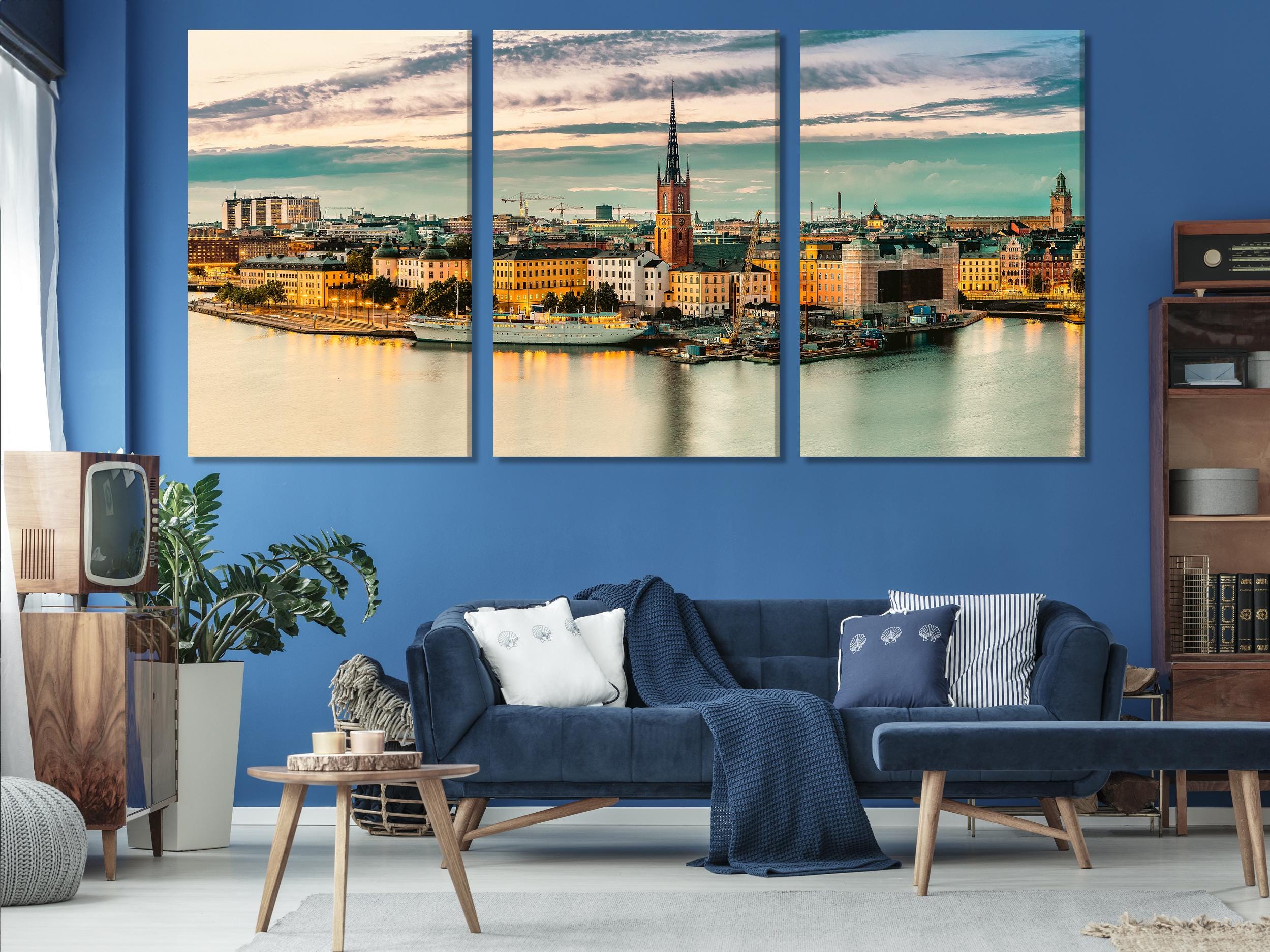 Stockholm Cityscape Canvas Print, Large Scandinavian Wall Art, Sunset Waterfront Artwork, Modern Art Print, Urban Wall Decor for Home