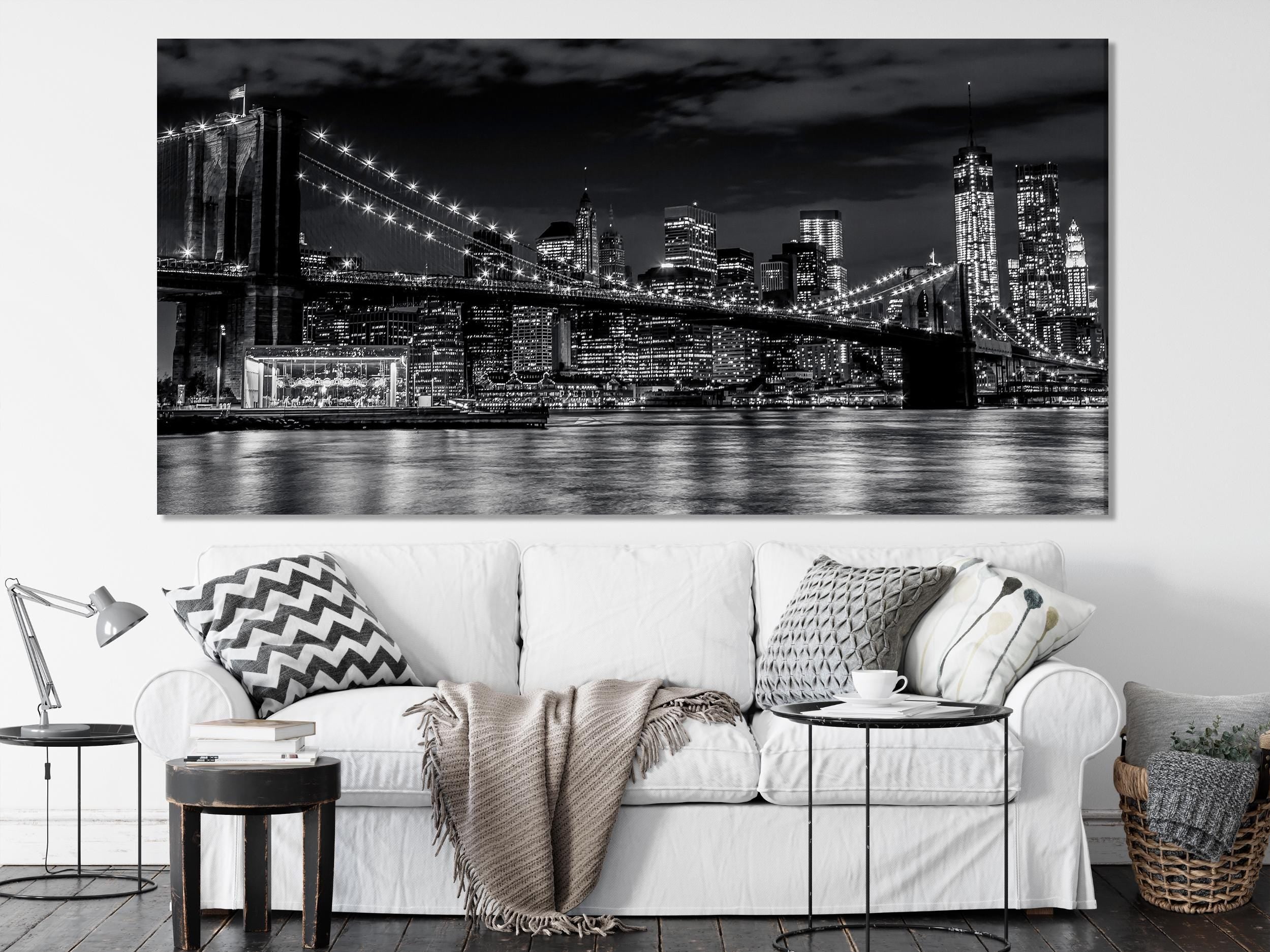 Manhattan Skyline Canvas Art - Brooklyn Bridge Wall Art, Black & White New York Art Print, Extra Large New York Artwork for Modern Office