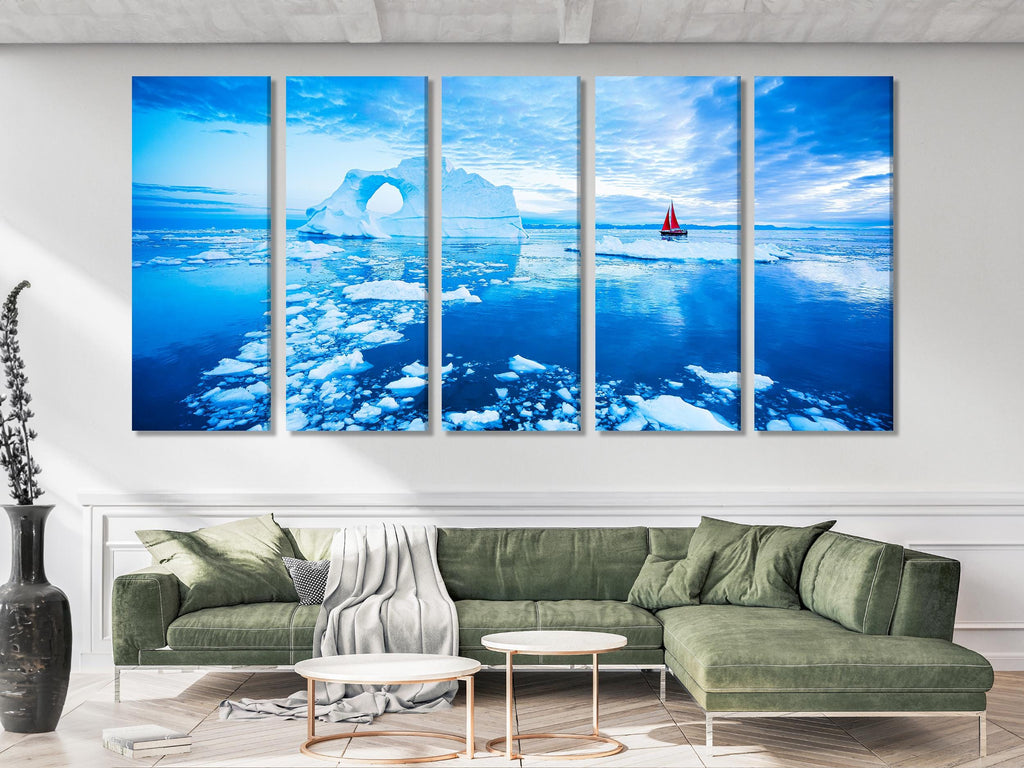 Grönland Wandkunst - Eisberg Leinwanddruck, Arktischer Ozean Wandkunst, Große 5-Panel Eislandschaft Kunst, Grönland Leinwandkunst, Iceberd Leinwandkunst
