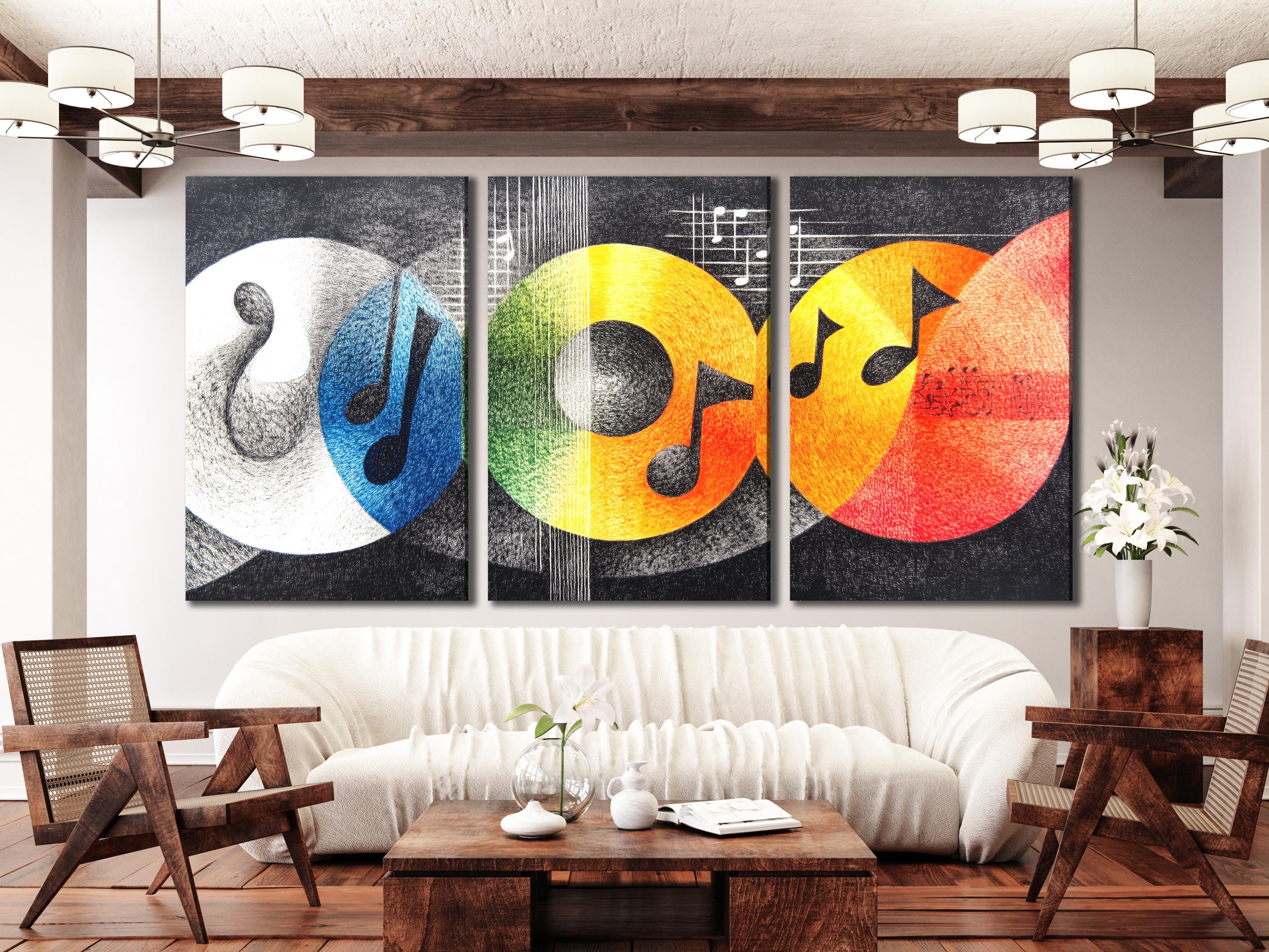 Abstract music wall art styled with warm wood and black accents