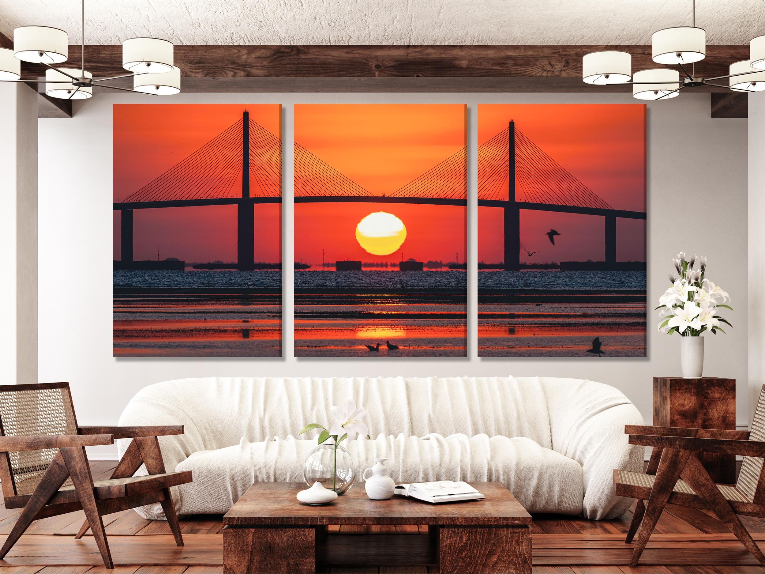 Sunshine Skyway Bridge Canvas Print, Tampa Bay Wall Art, Stunning Sunrise Over Water Artwork, Oversized Bridge Canvas for Home Wall Decor