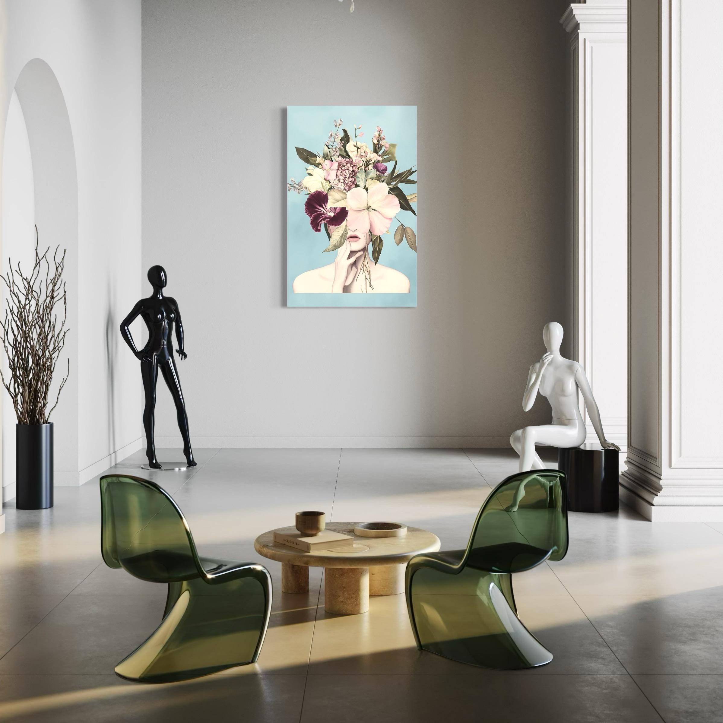 Romantic floral-inspired artwork illustrating a dreamlike fusion of feminine grace and blossoming petals, rendered as a pastel-toned canvas print painting.