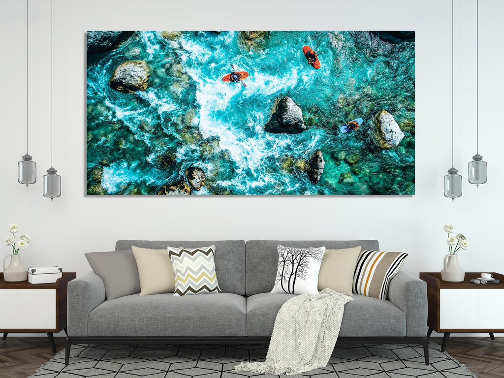 Soca River Kayakers Canvas Print, Aerial View Wall Art, Whitewater Rafting Landscape, Large Adventure Artwork, Slovenia River Scene Decor