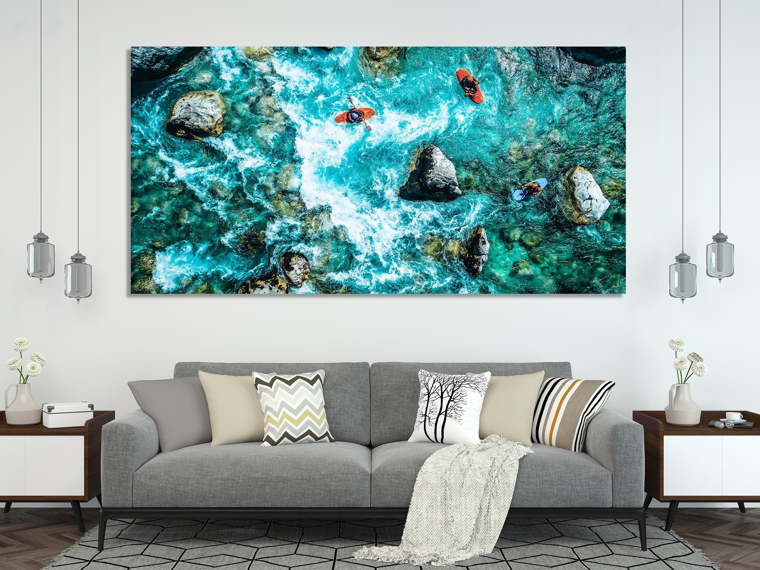 Soca River Kayakers Canvas Print, Aerial View Wall Art, Whitewater Rafting Landscape, Large Adventure Artwork, Slovenia River Scene Decor