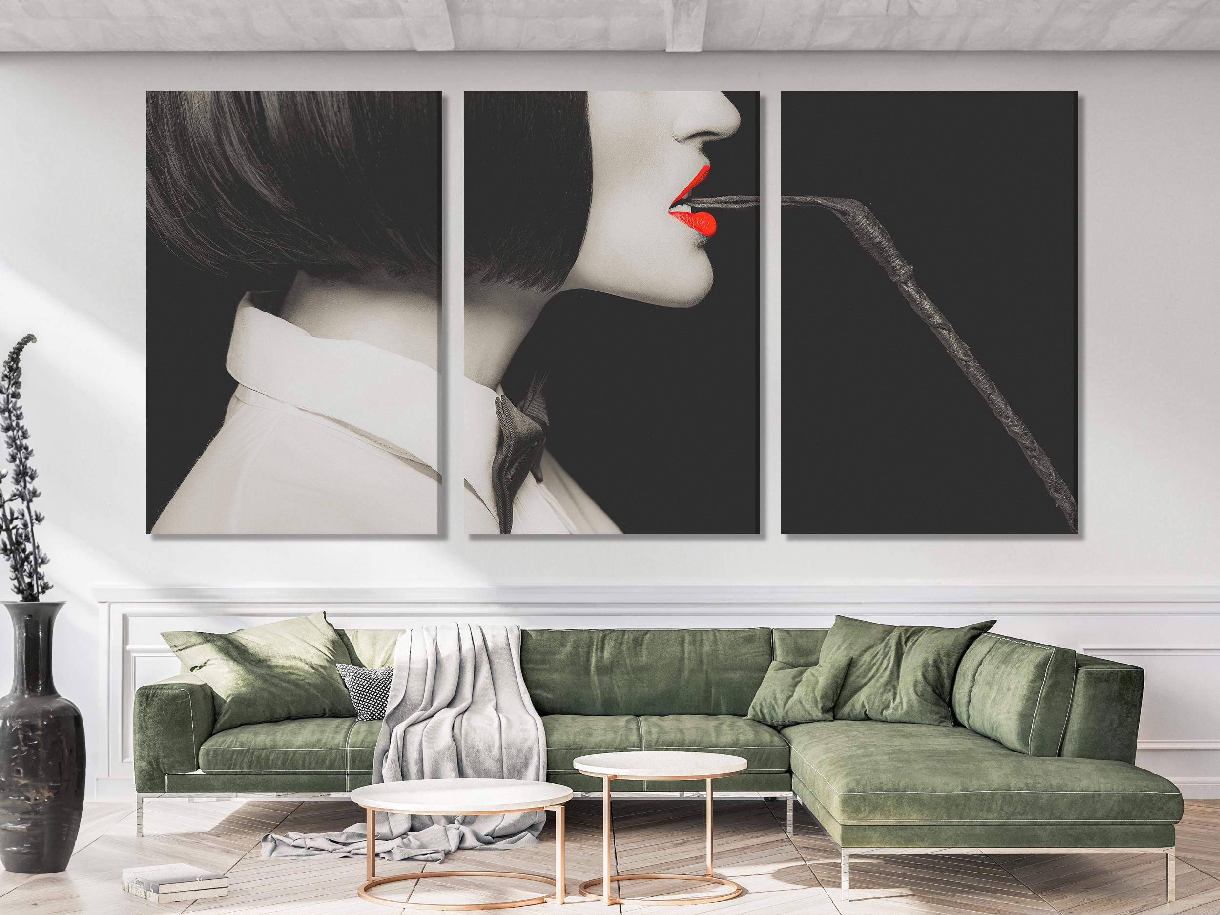 Elegant BDSM Art Print – Bold Red Lips and Whip Wall Art, Sensual Canvas Print Wall Decor for Kinky Boudoir or Dungeon Aesthetic