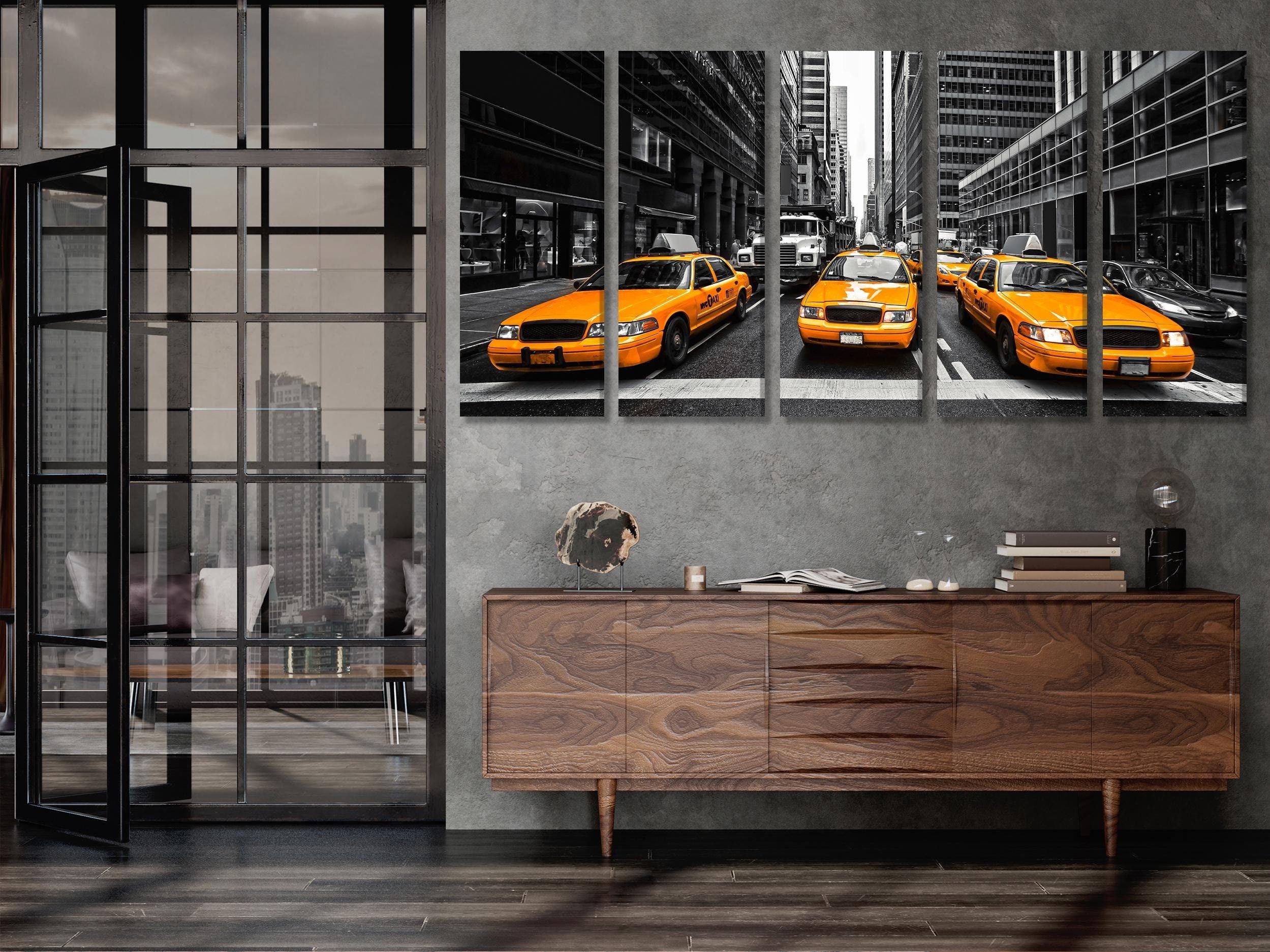 New York Taxi Wall Art Iconic Yellow NY Cabs Canvas Print Large Urban Street Artwork Oversized Downtown Manhattan Canvas Print NY Gift