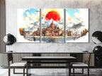 Scenic Medieval Town Wall Art Fantasy Cityscape Canvas Majestic Mountain Painting Abstract Red Sun Decor Epic Fantasy Print