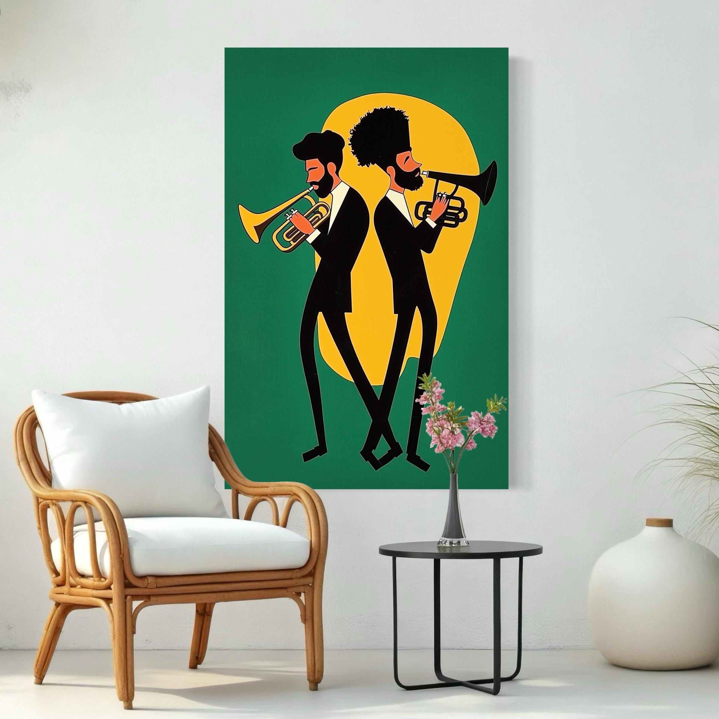 Mid-century modern two trumpets poster with bold color blocking.