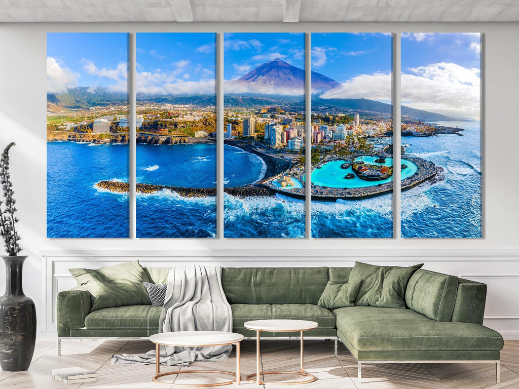 Tenerife Large Print - Puerto de la Cruz Canvas Print, Aerial 3-Panel Tenerife Coastline Print, Coastal Wall Art, Tenerife Modern Home Decor