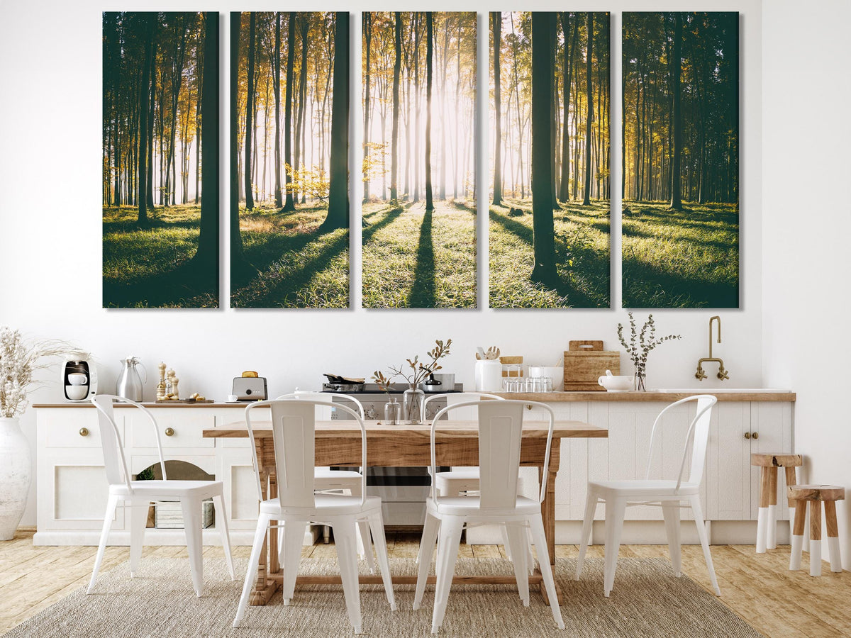 Forest sunrise multi-panel canvas set in warm greens and gold light