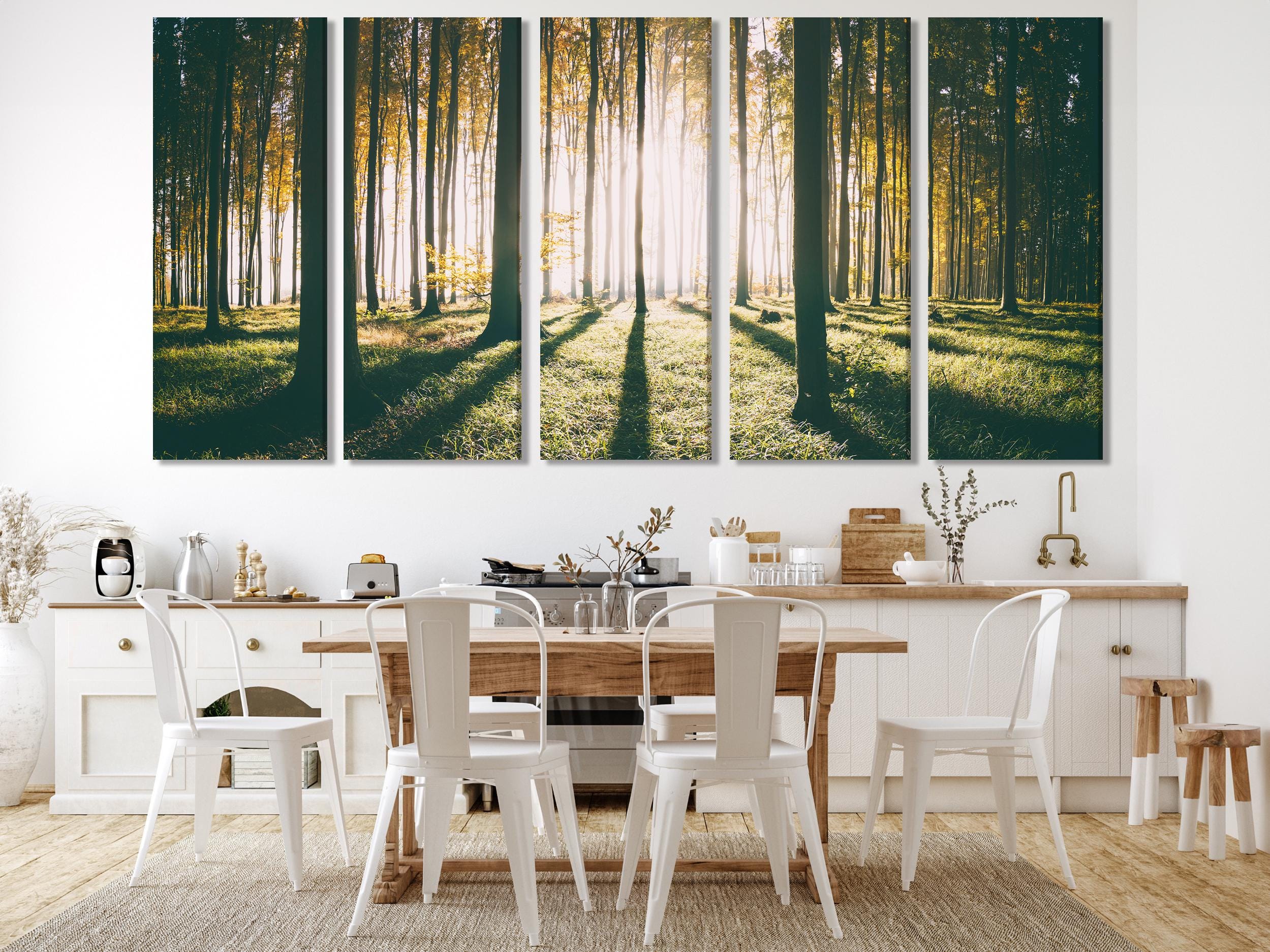 Serene woodland wall art capturing tall trees and golden morning rays, perfect as a multi-panel canvas print painting for nature-inspired artwork.