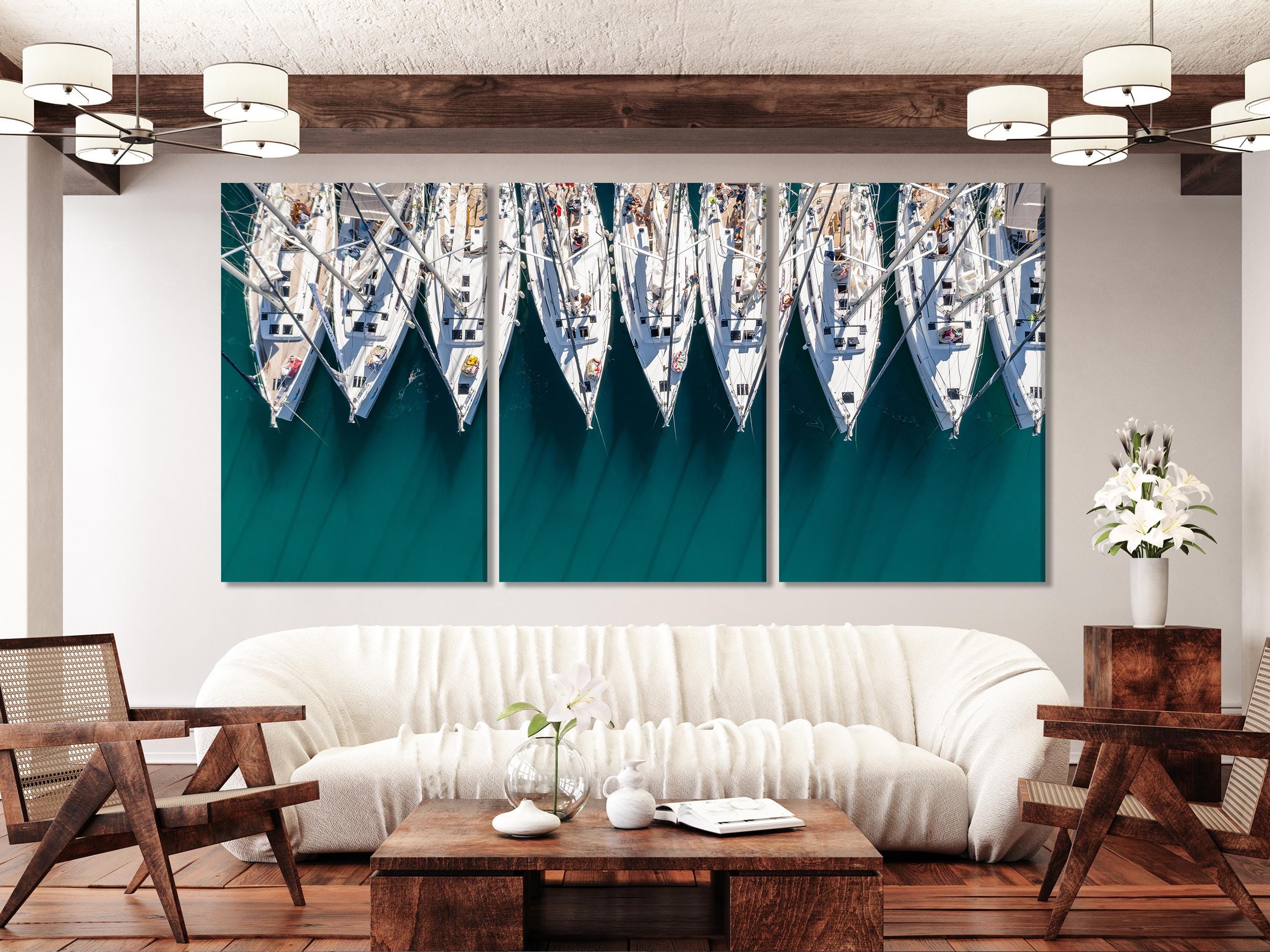 Nautical Boats Aerial View Canvas Wall Art, 5-Panel Coastal Decor, Yacht Marina Print, Modern Sailing Wall Art for Living Room or Dining