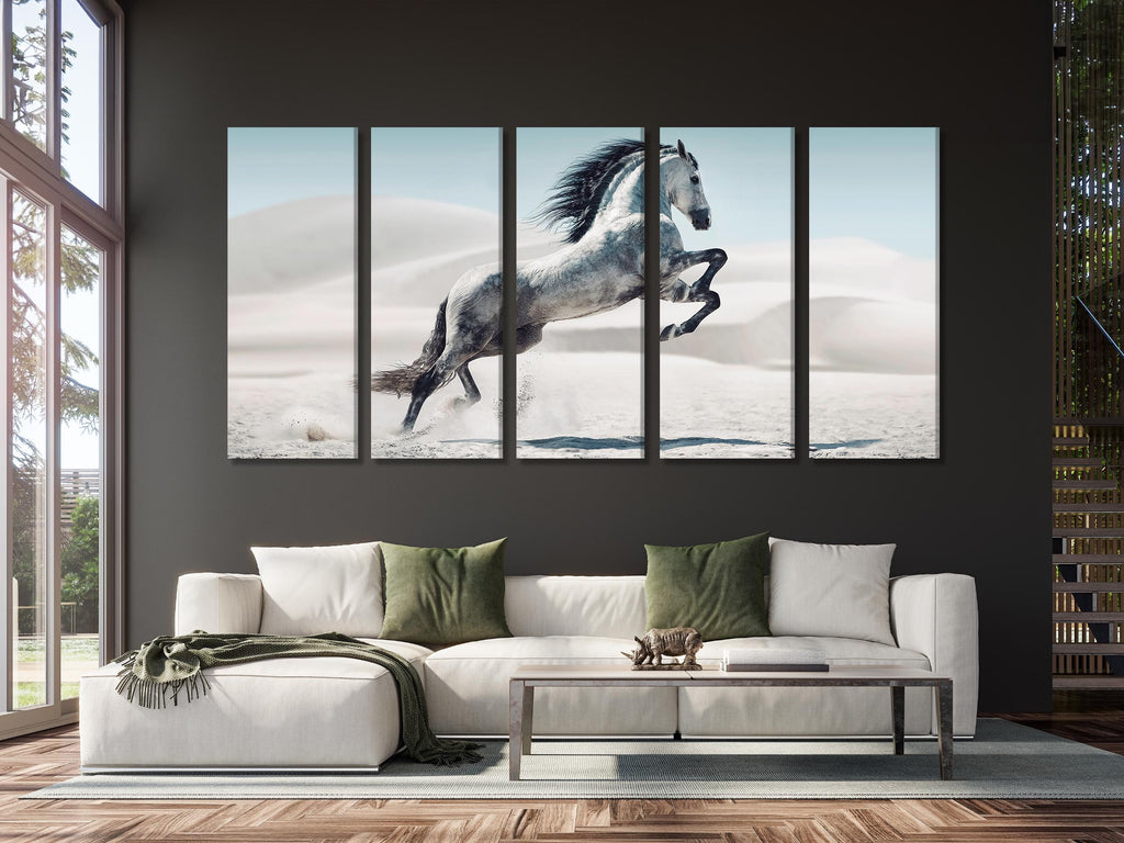 Paardenmuurkunst Witte hengst Canvasprint Paard in woestijnkunstwerk Paardenmuurdecoratie Paardenposter Cadeau voor paardenliefhebber Ruiterkunst Canvasprint